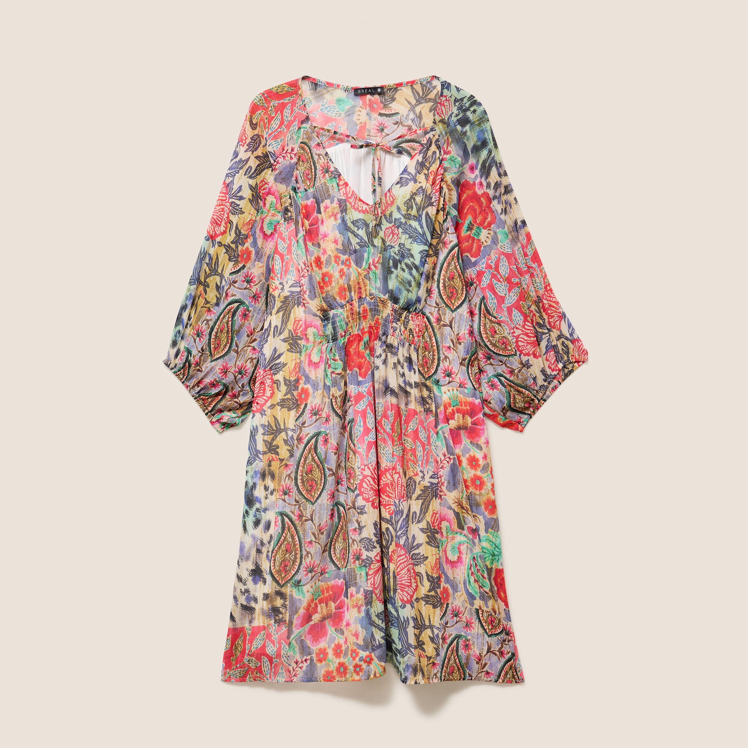 Robe courte &eacute;vas&eacute;e col v manches 3/4 multicolore femme