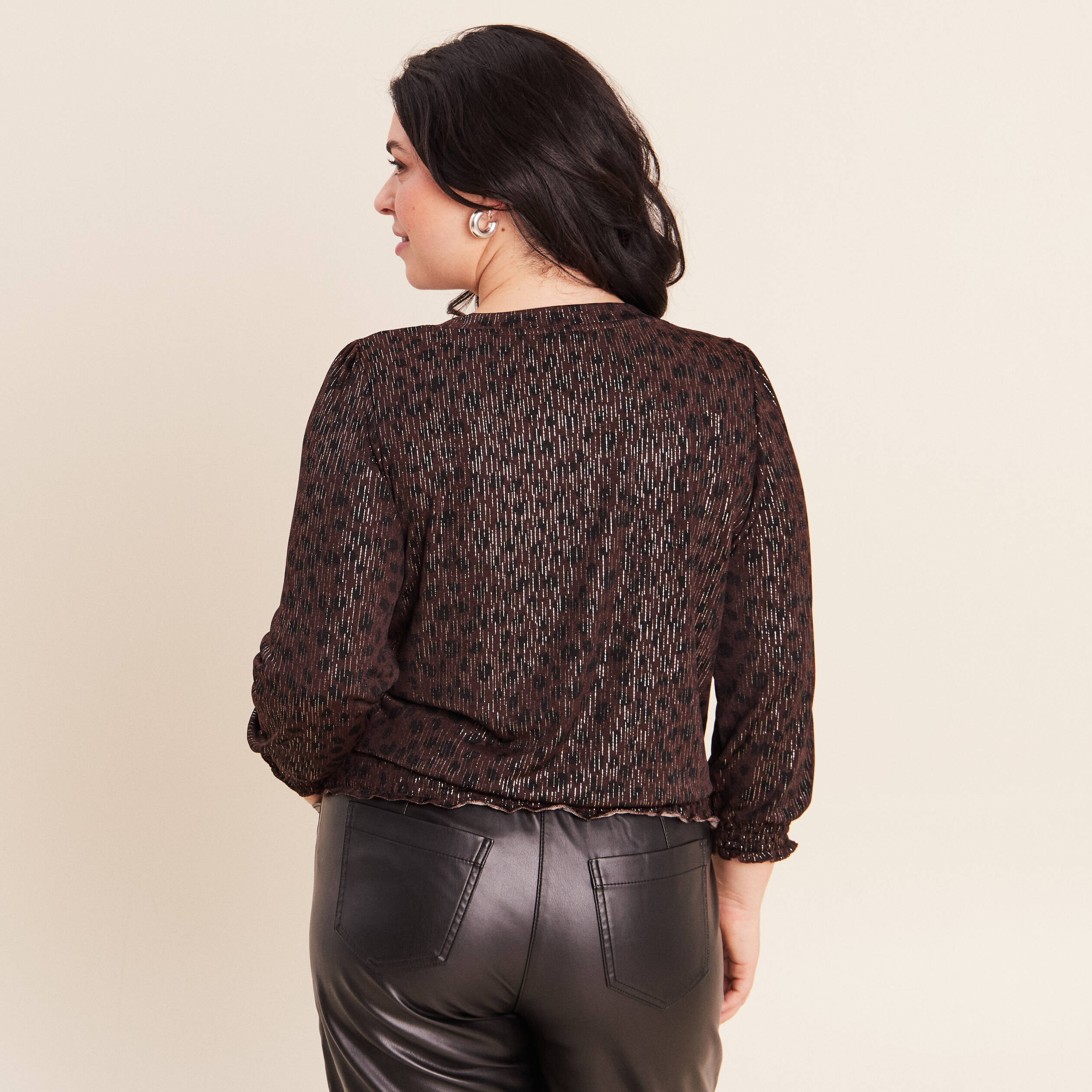 T-shirt col rond manches 3/4 marron fonc&eacute; femme