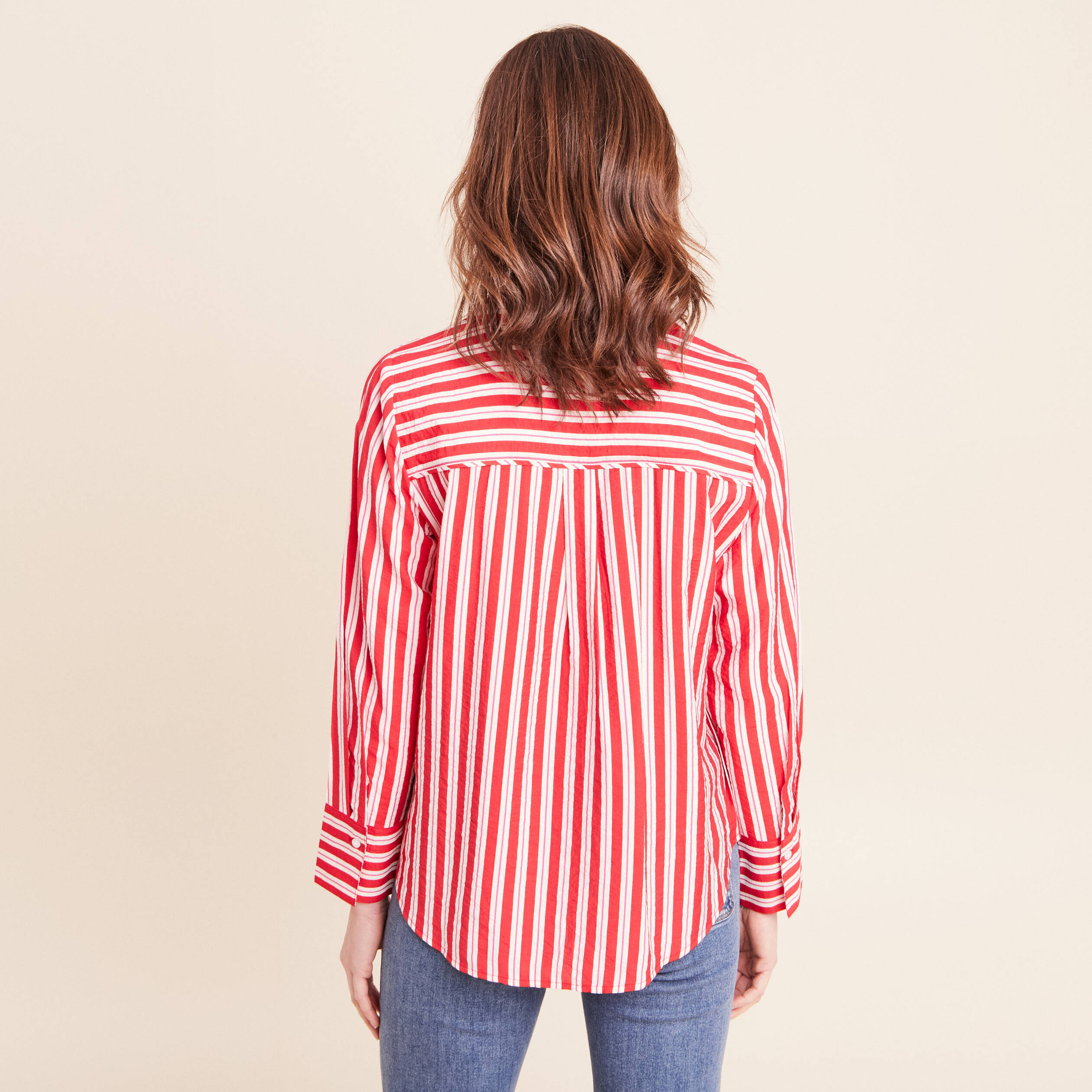 Chemise droite longue fluide col chemise rouge femme
