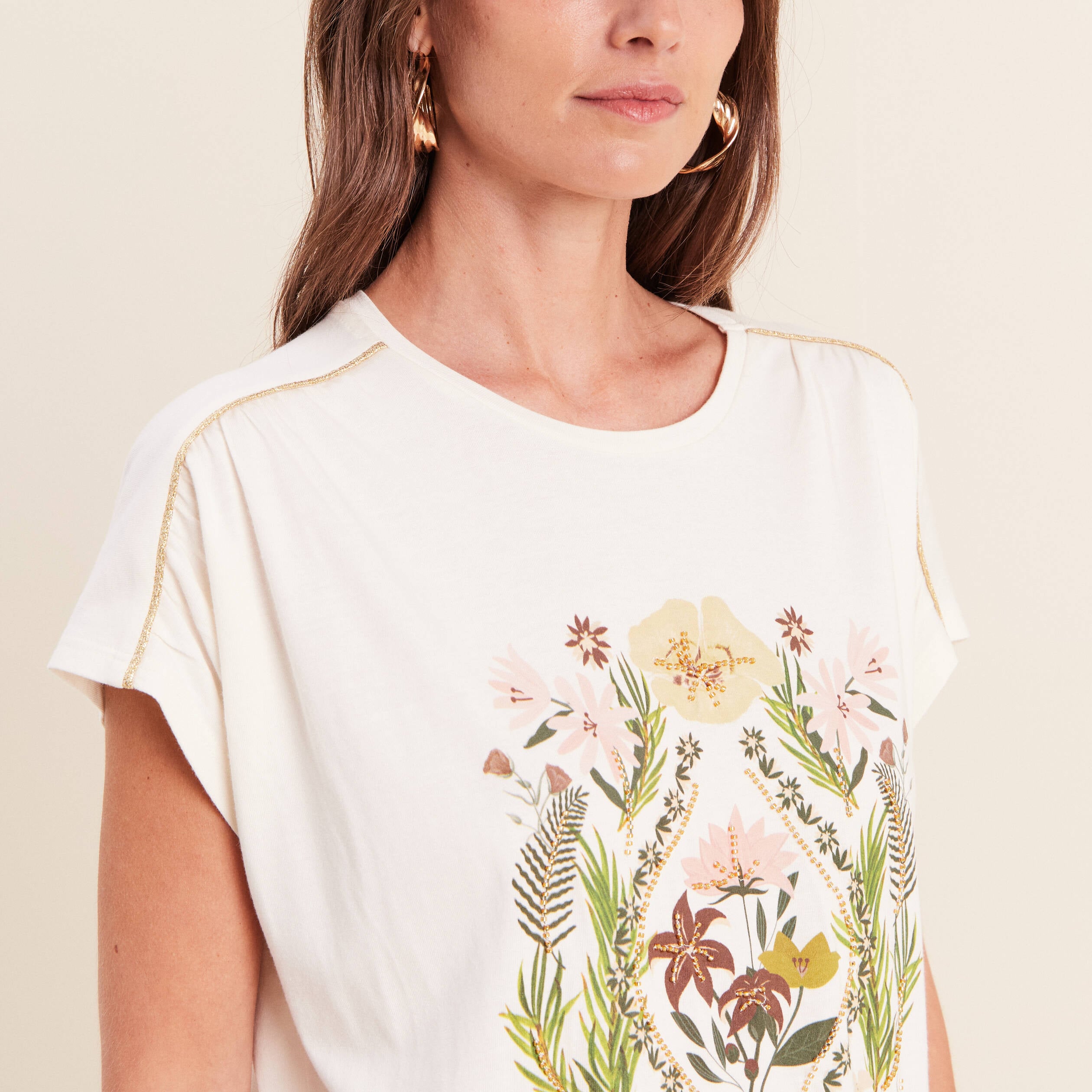 T-shirt col rond manches courtes ecru femme