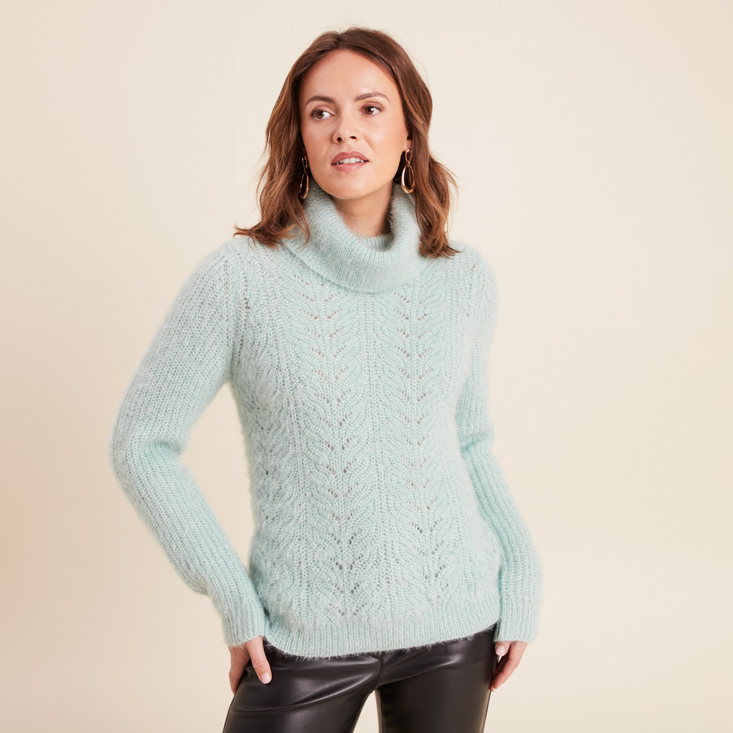 Pull droit manches longues vert pastel femme