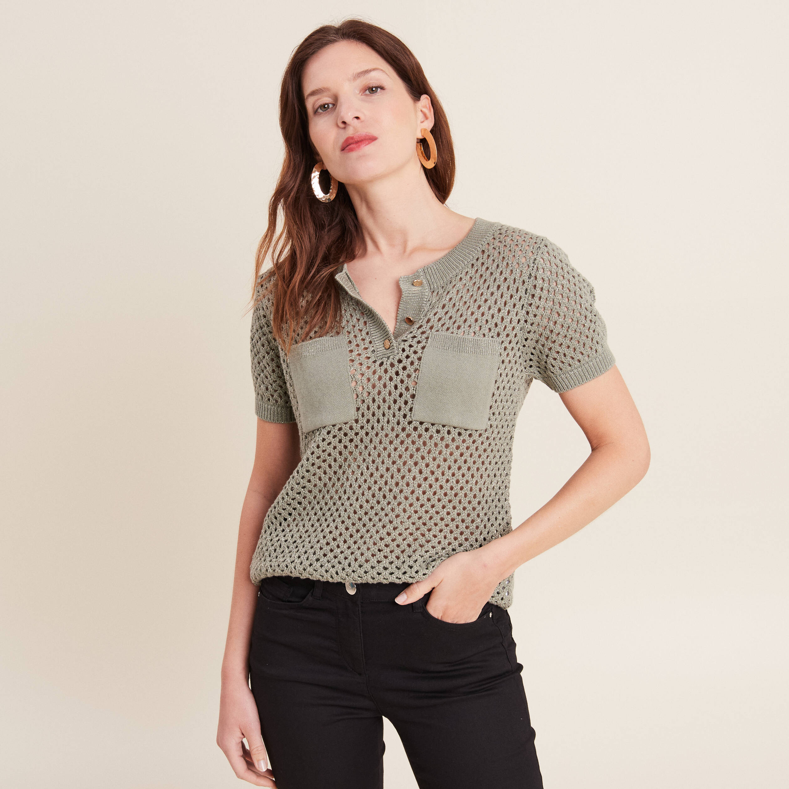 Pull manches courtes ajouré vert clair femme