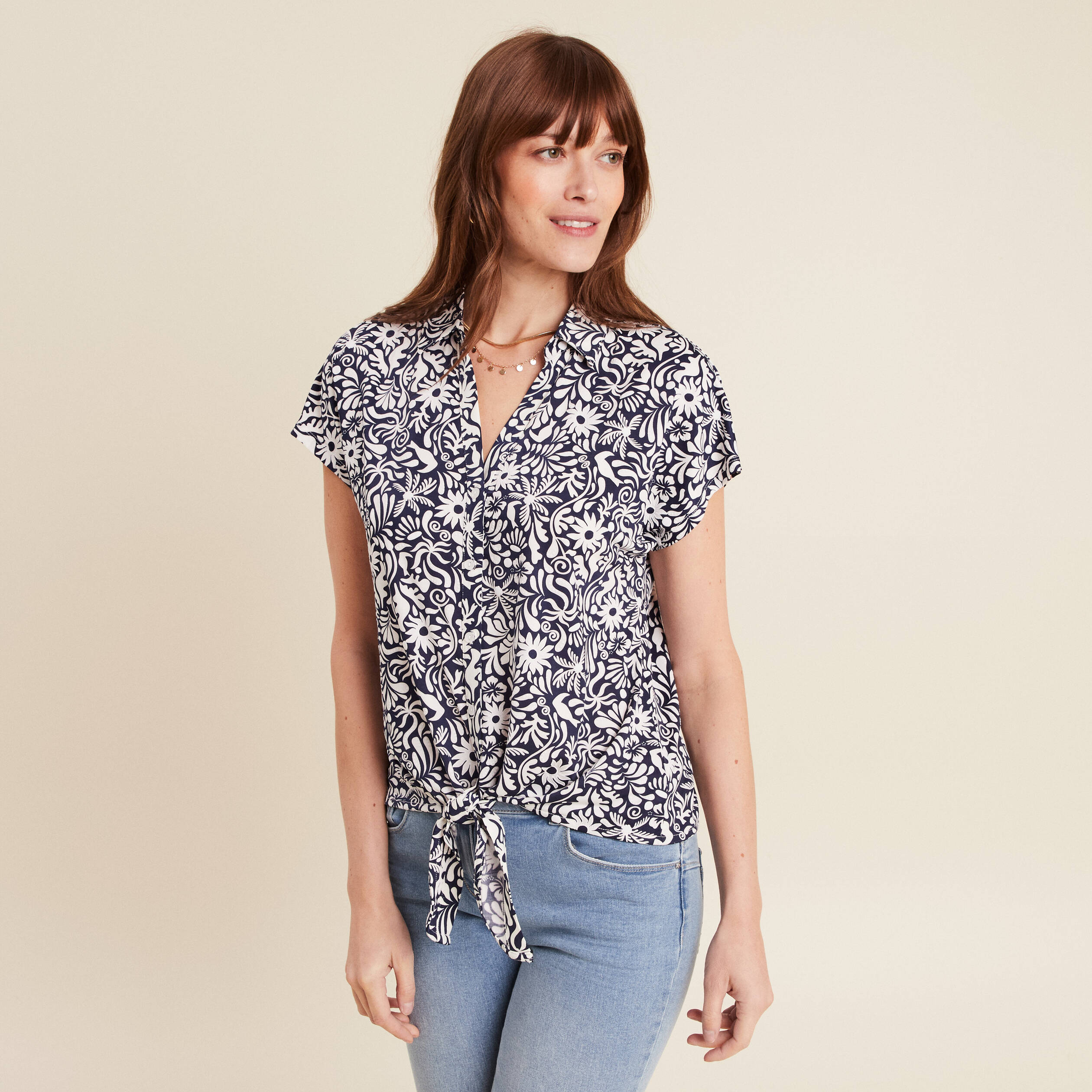 blouse manches courtes nouee bleu femme Blouse manches courtes nouée bleu femme
