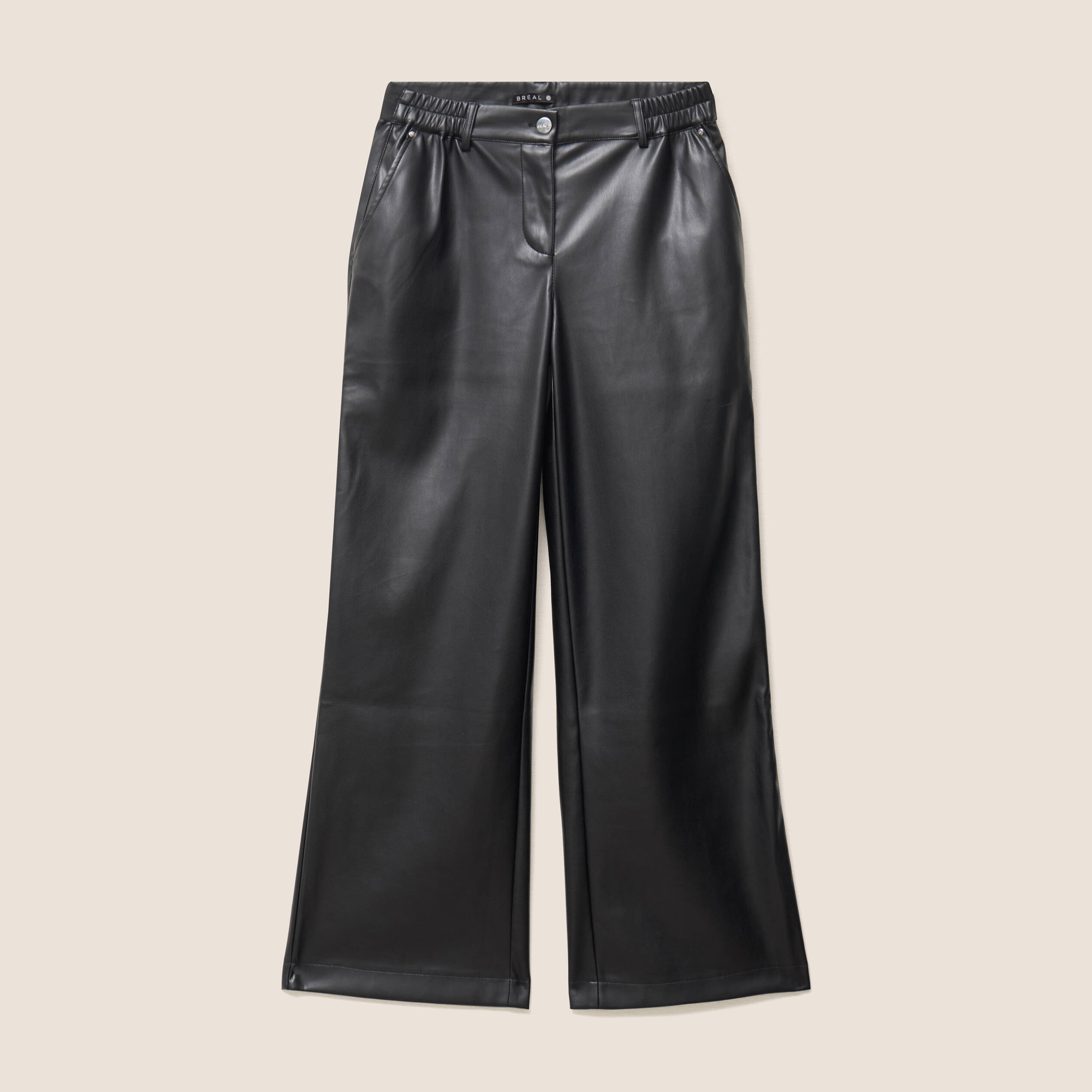 Pantalon taille bascul&eacute;e similicuir noir femme