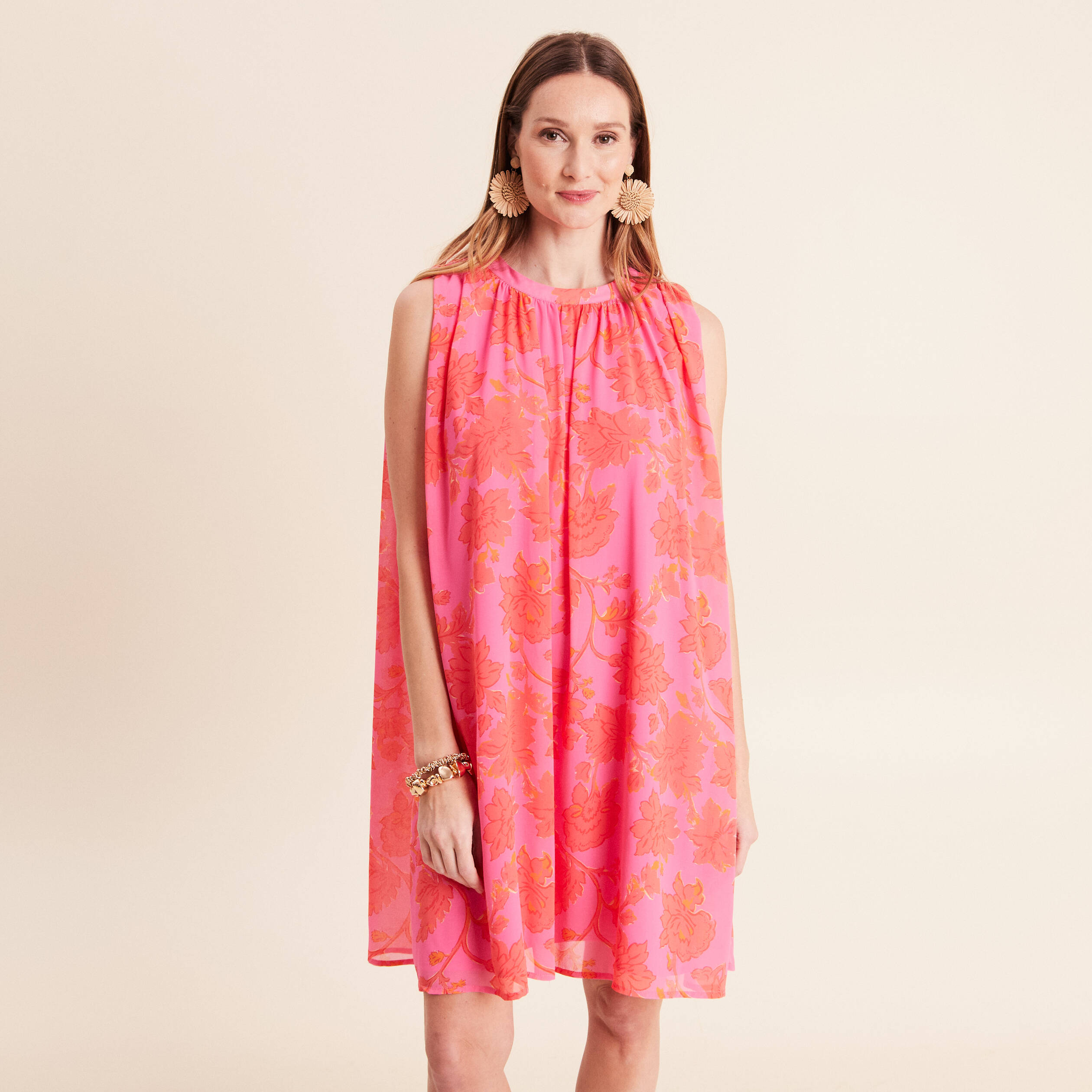Robe ample courte sans manches doubl&eacute;e rose femme