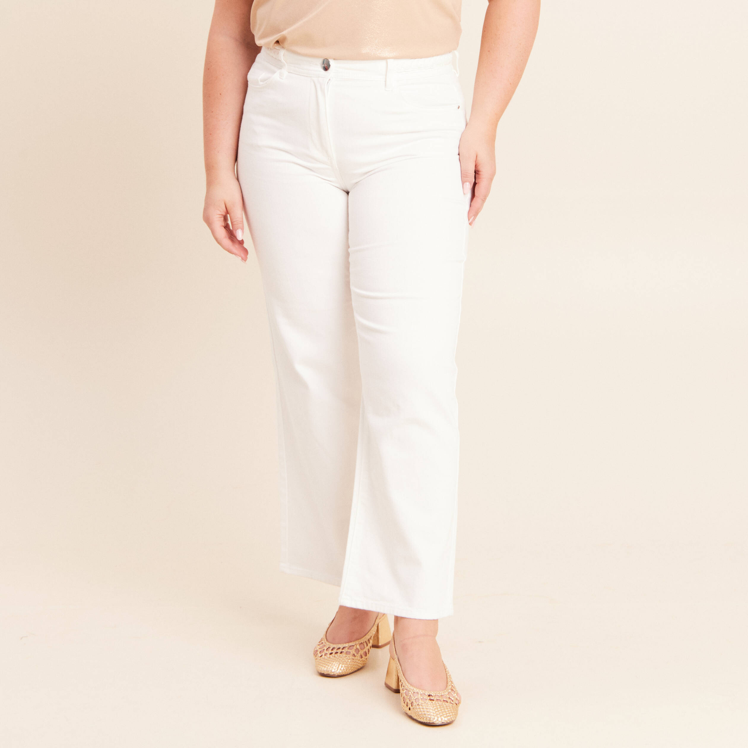 Jean coupe large 7/8&egrave;me taille haute blanc femme