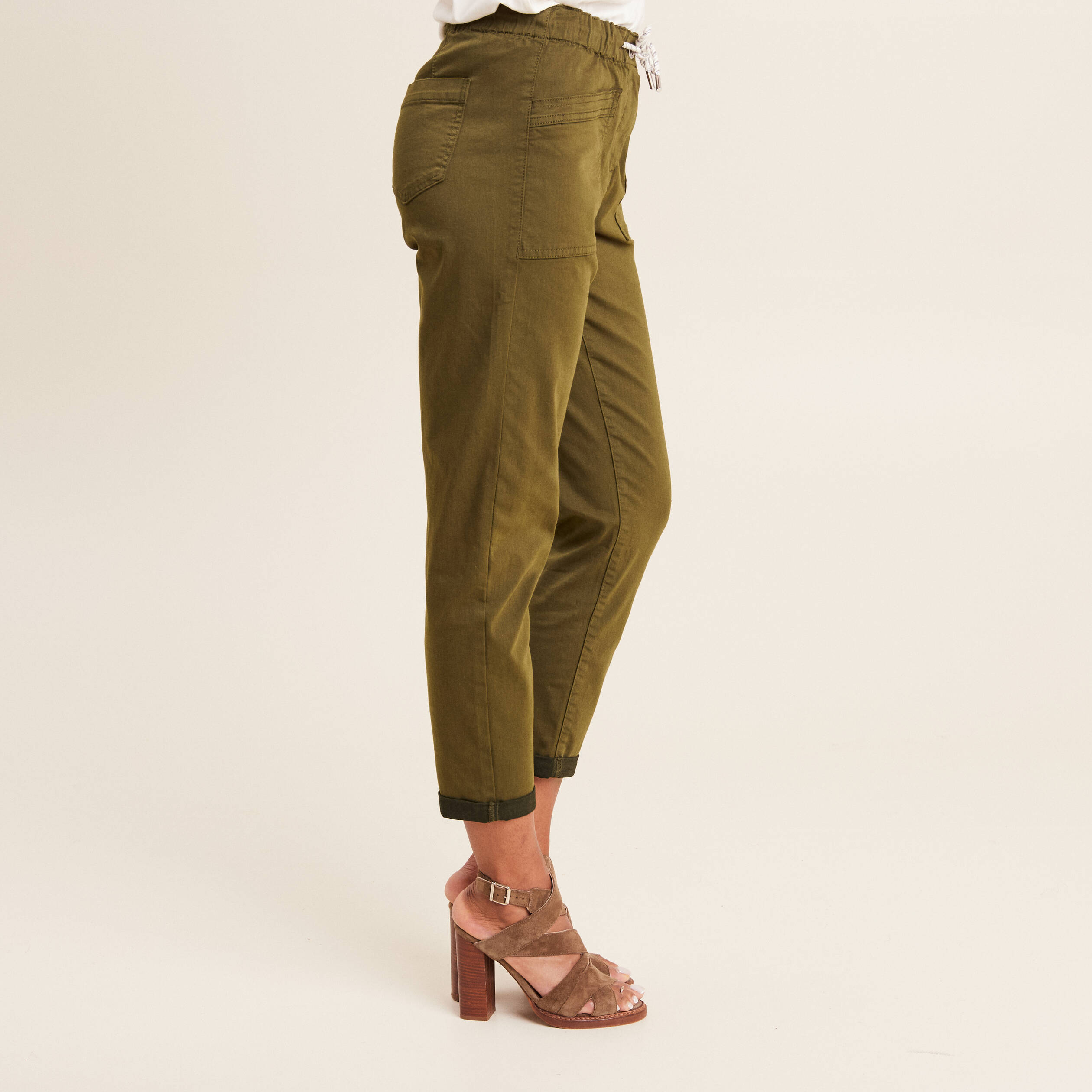 pantalon coupe droite a coulisse vert olive femme Pantalon coupe droite à coulisse vert olive femme