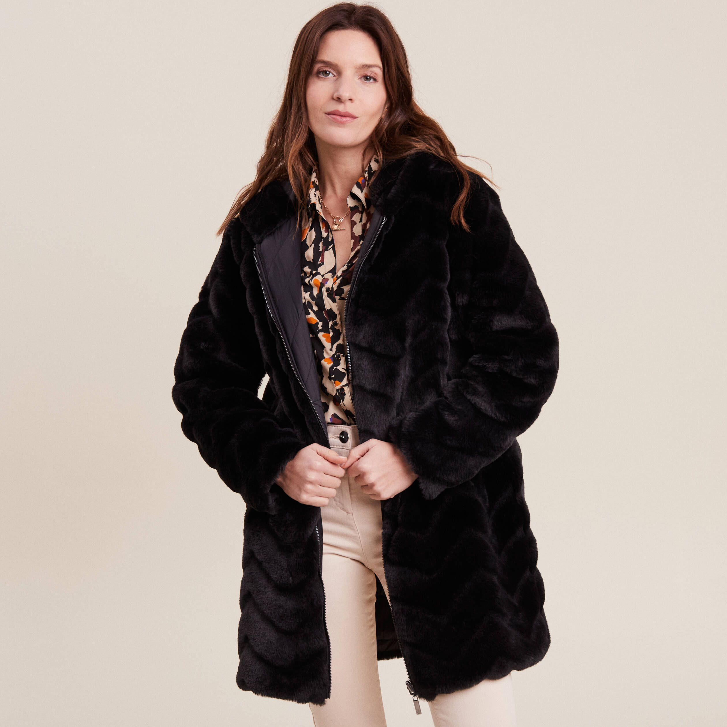 Manteau fausse fourrure réversible noir femme