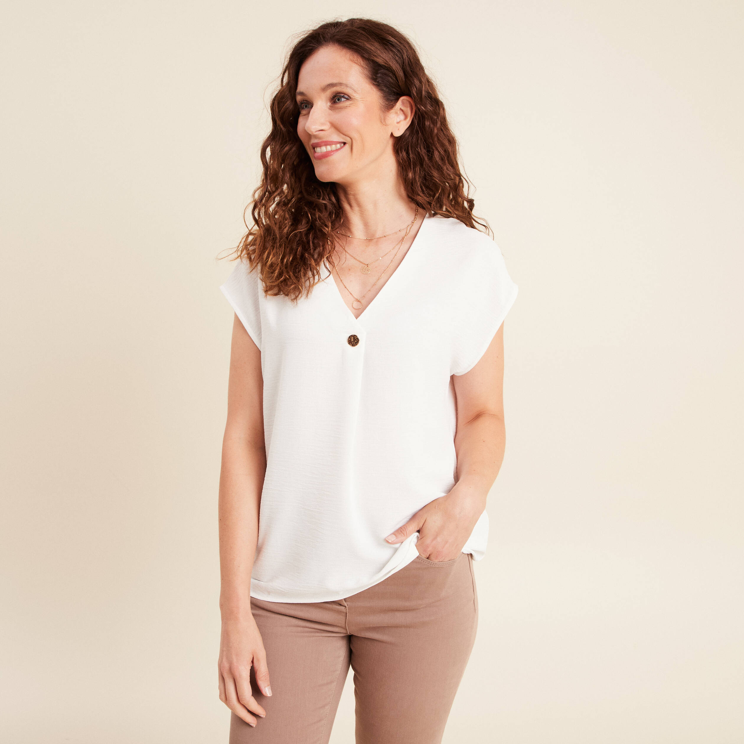 blouse manches courtes fluide ecru femme Blouse manches courtes fluide ecru femme