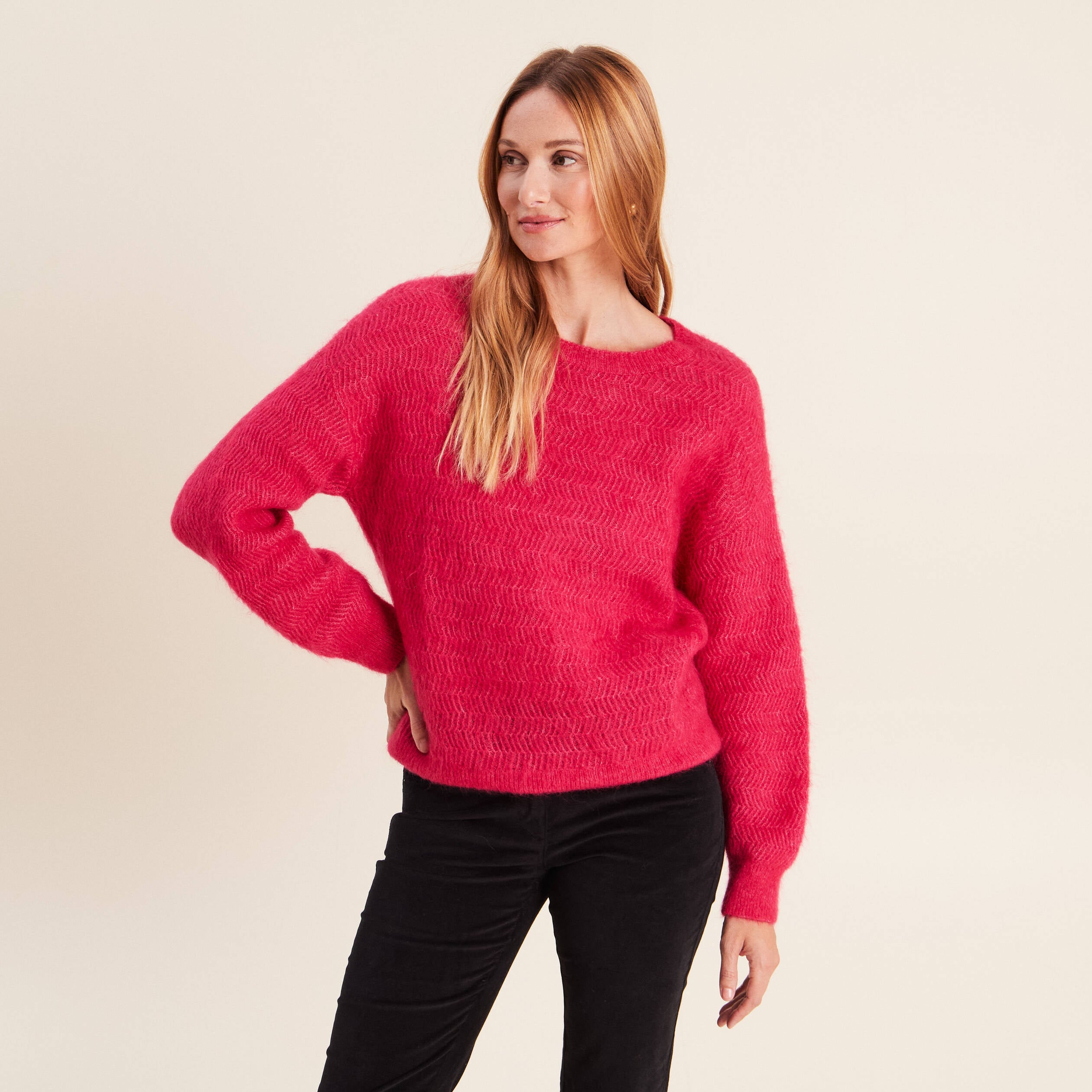 Pull droit col rond manches longues rose femme