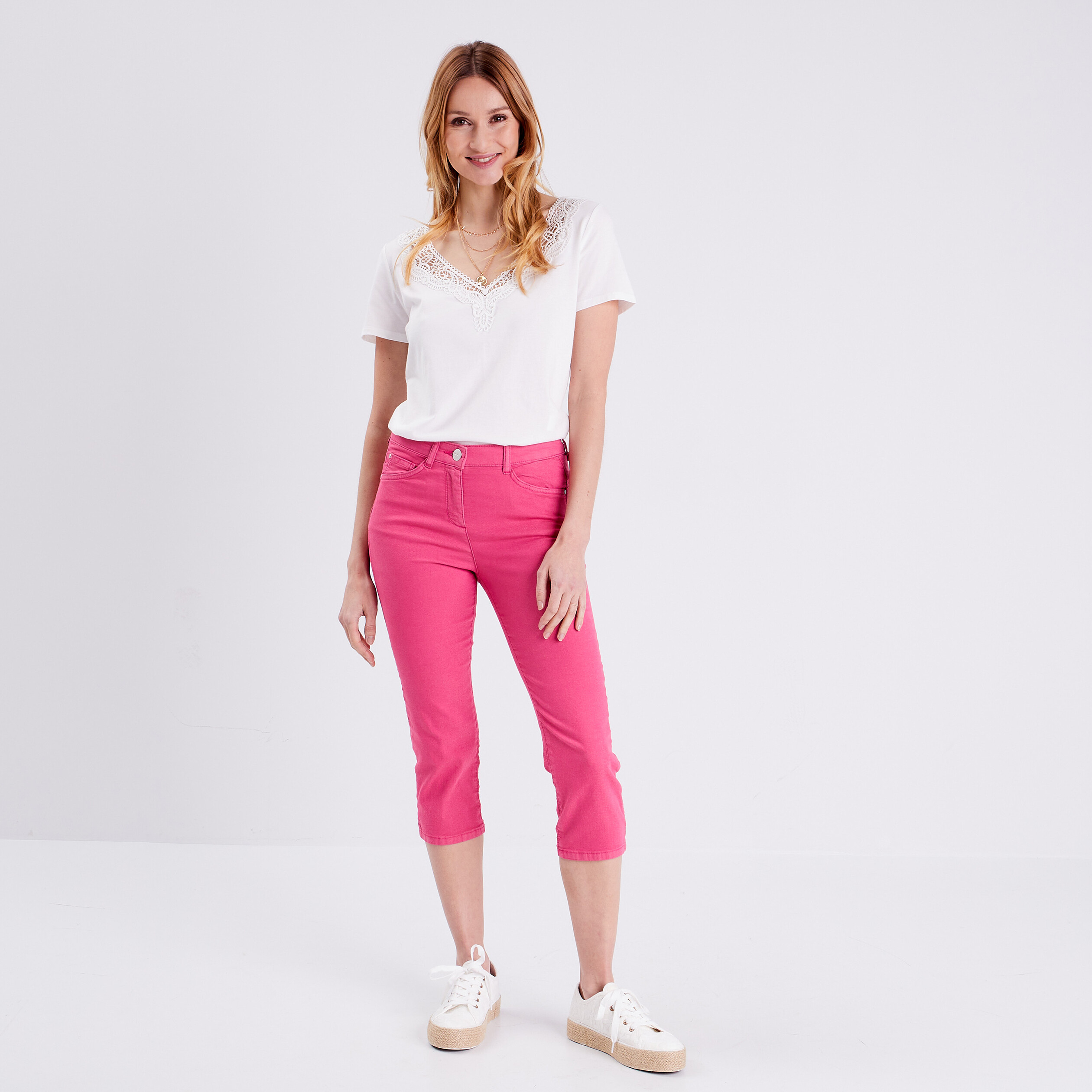 pantacourt droit taille standard rose framboise femme Pantacourt droit taille standard rose framboise femme