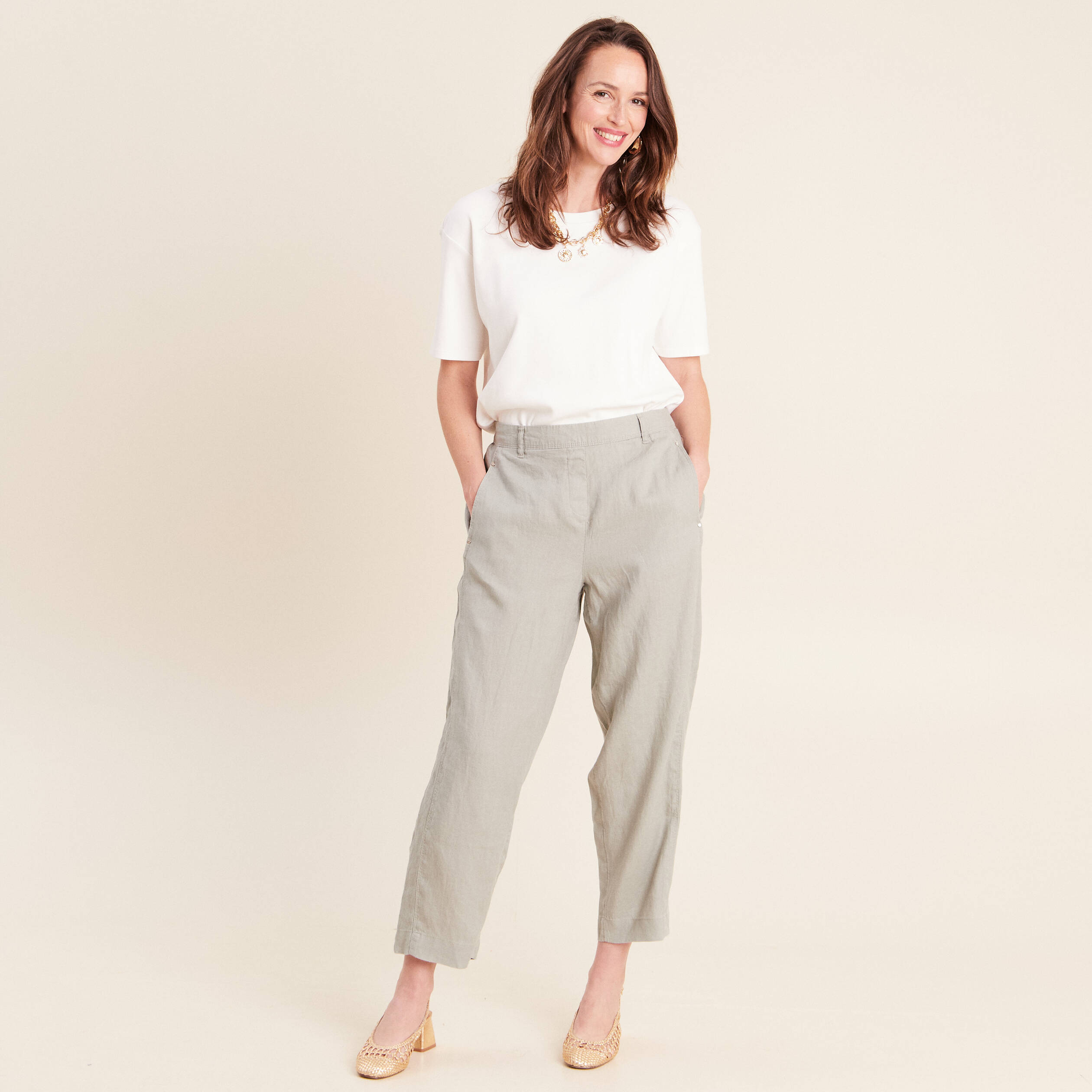 Pantalon large 7/8&egrave;me taille haute vert clair femme