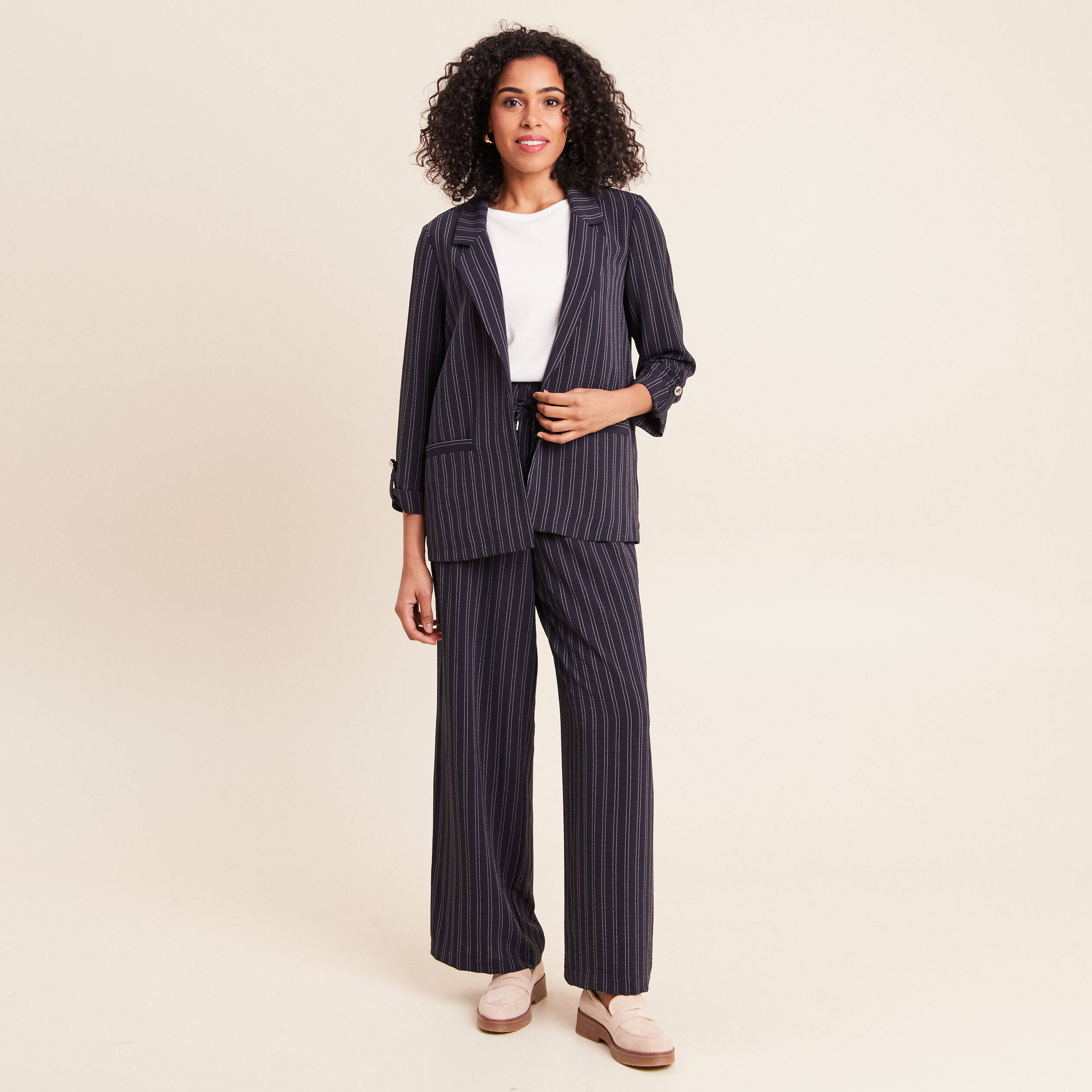 Veste longue droite col tailleur bleu femme