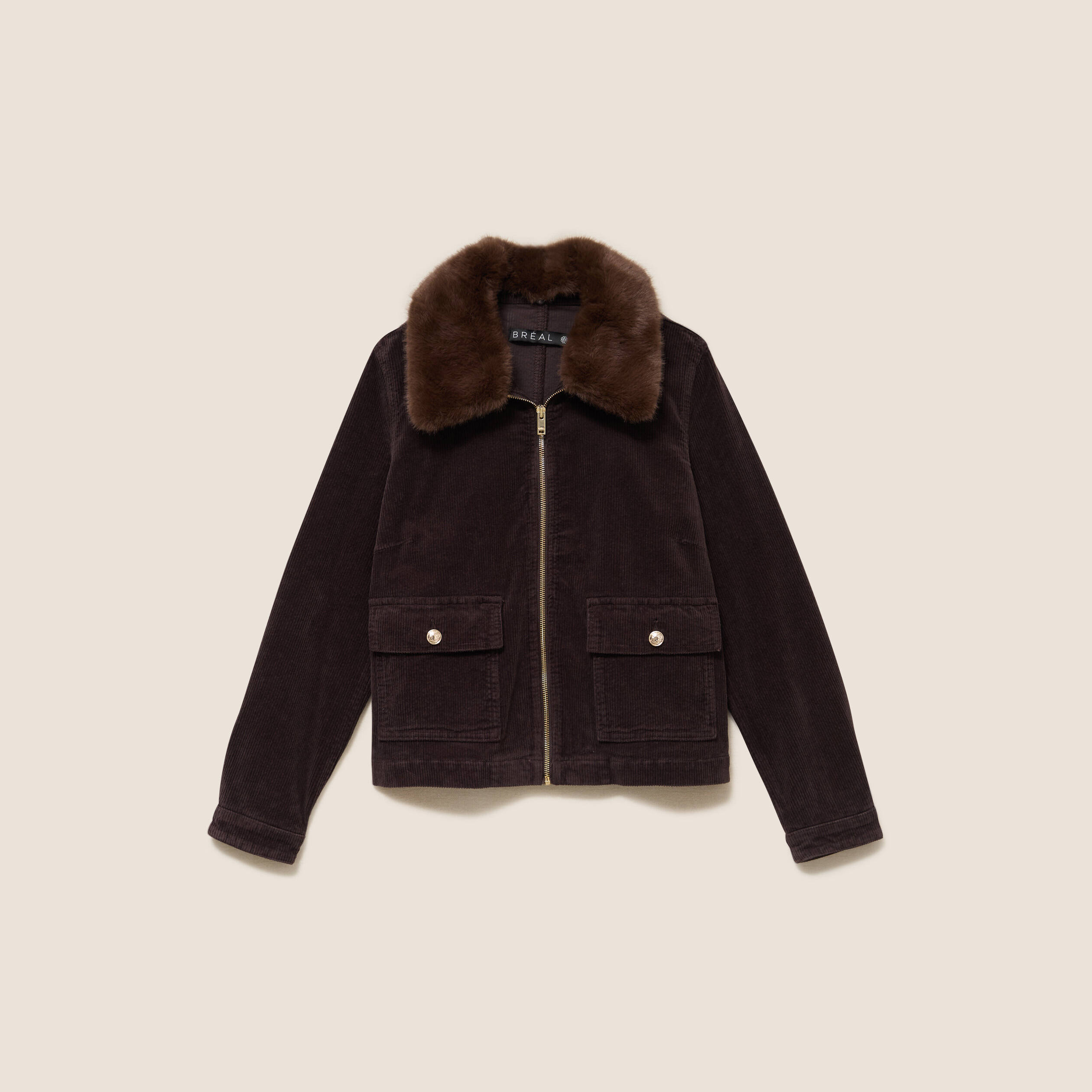 Blouson droit velours manches longues marron fonc&eacute; femme