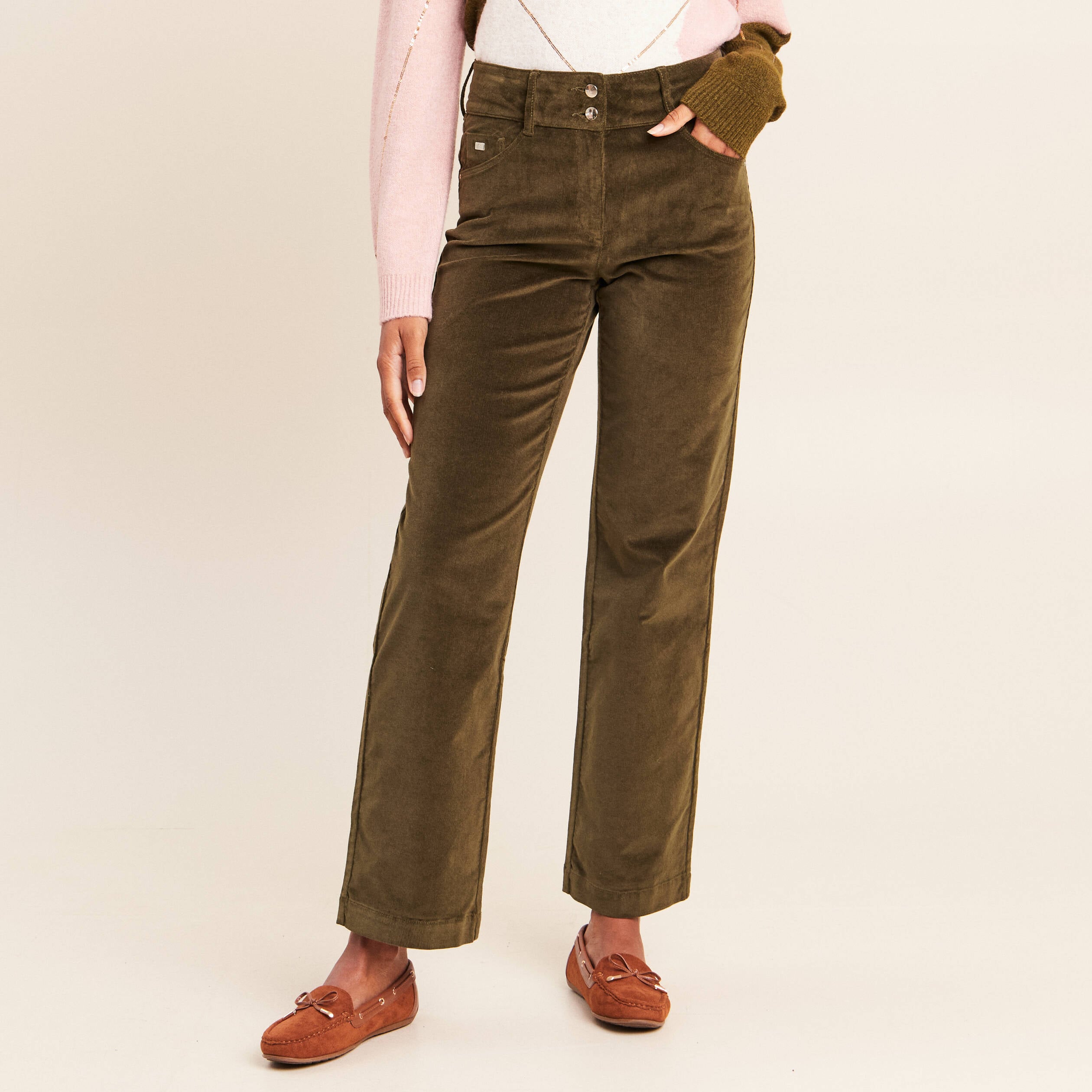 Pantalon taille haute en velours vert kaki femme