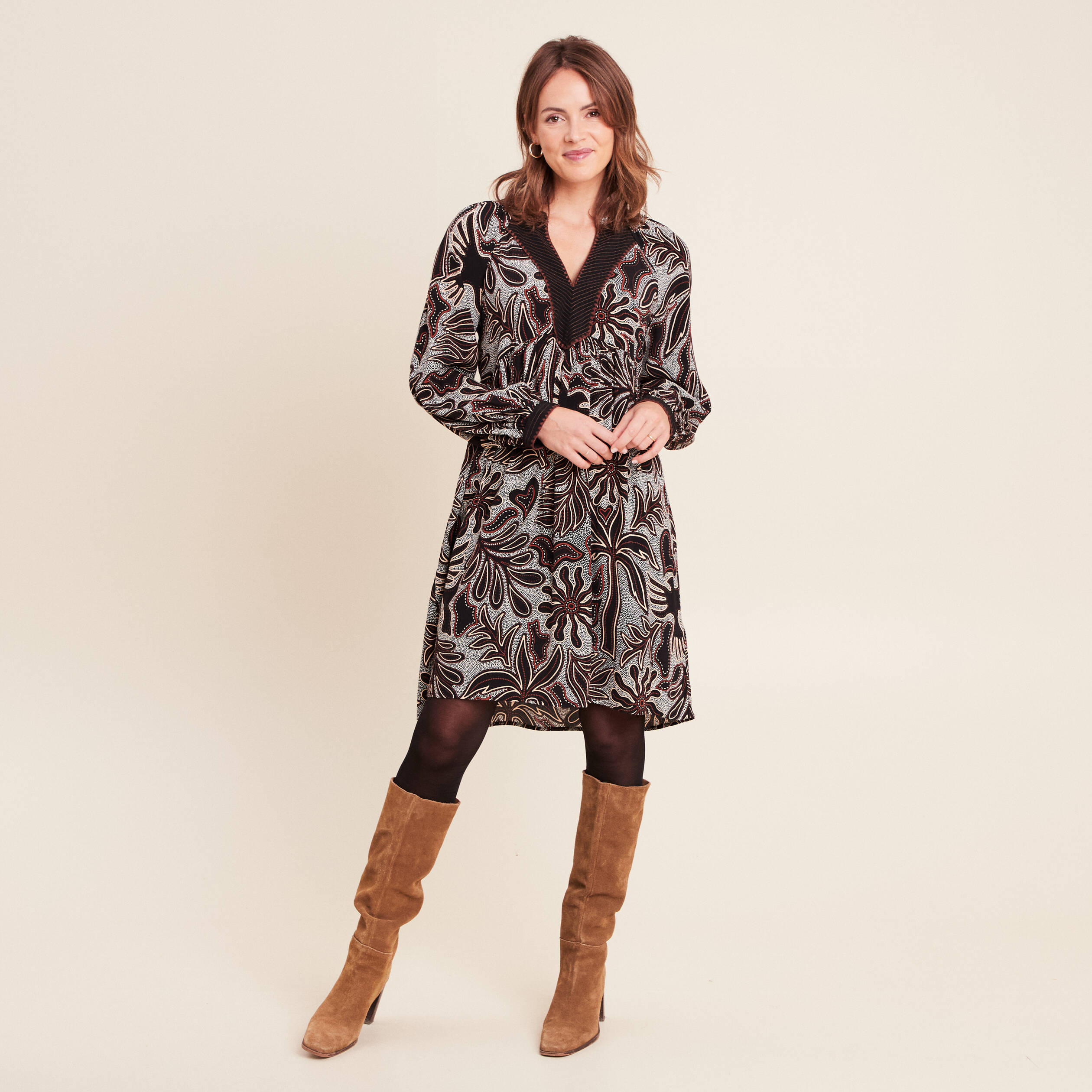 Robe fluide col v manches longues noir femme
