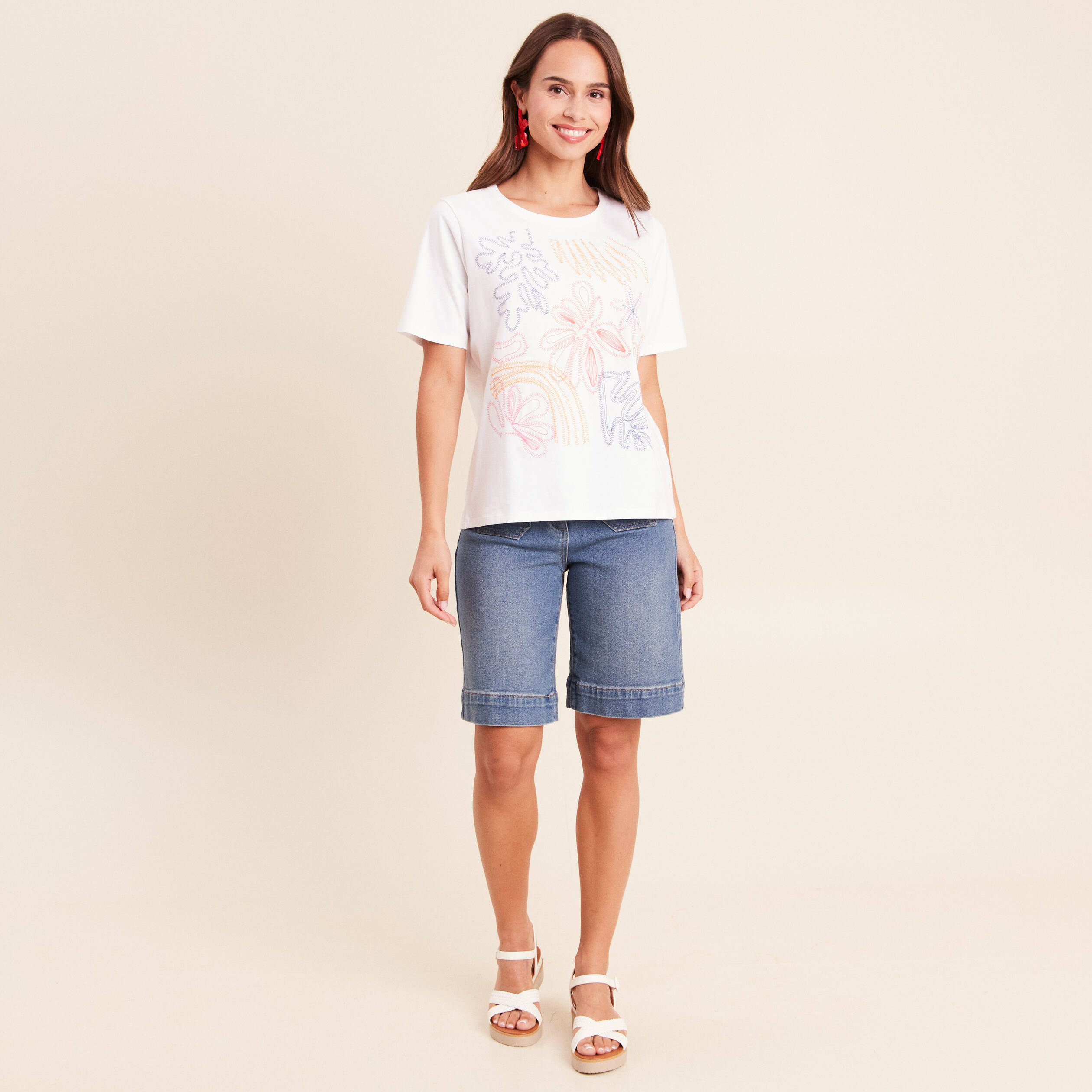 T-shirt col rond manches courtes brod&eacute; blanc femme