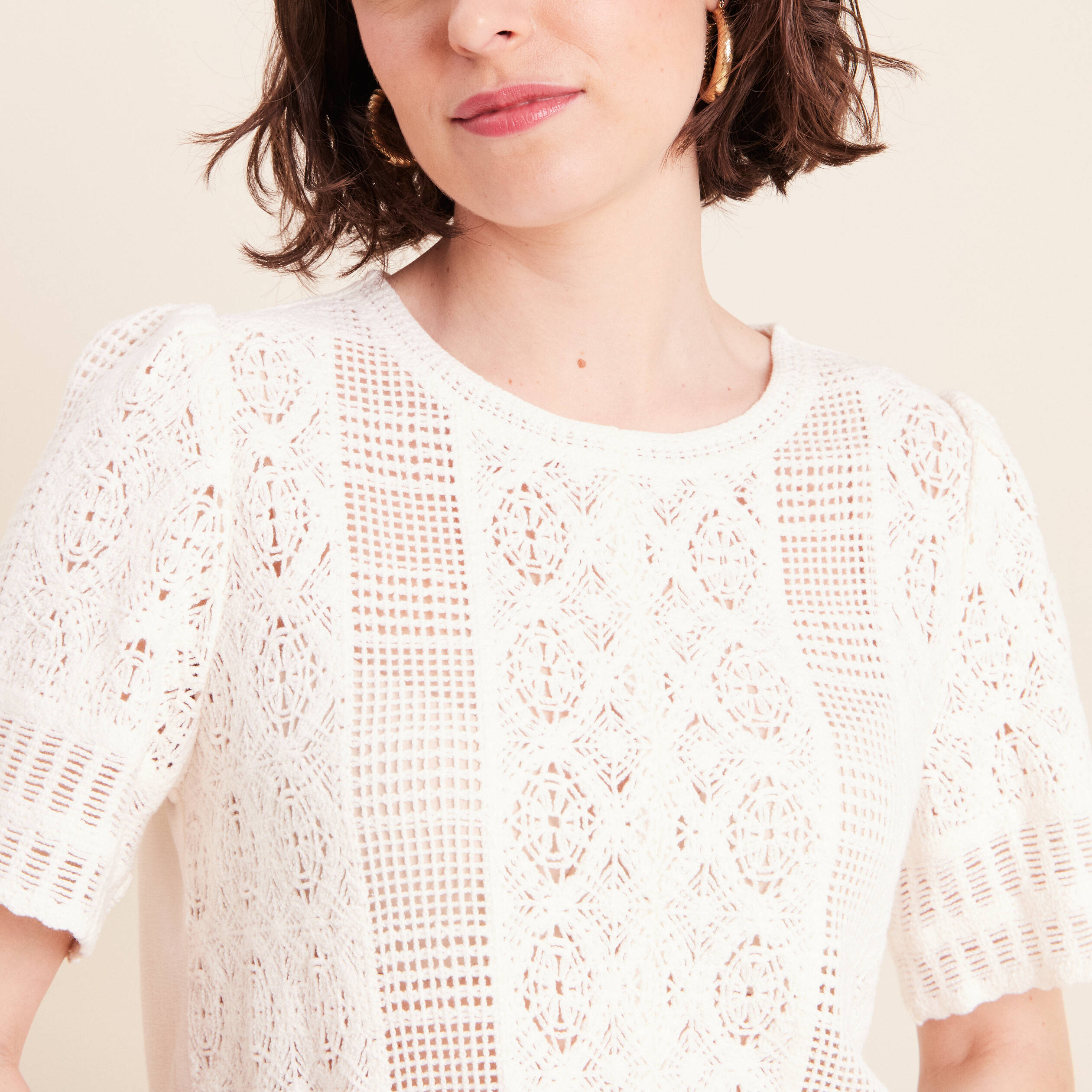 T-shirt col rond &agrave; dentelle ecru femme