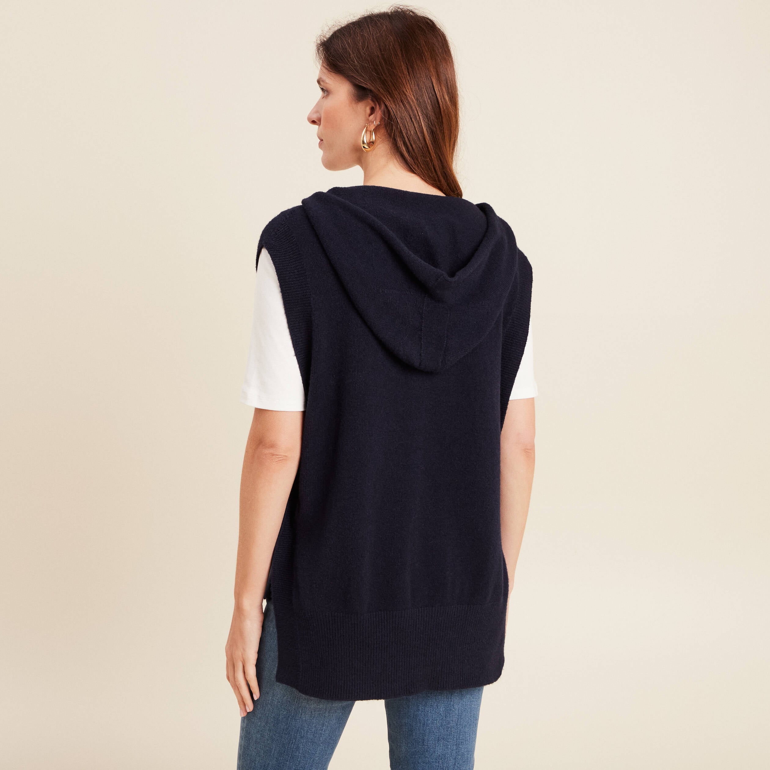 Pull sans manches &agrave; capuche bleu fonc&eacute; femme