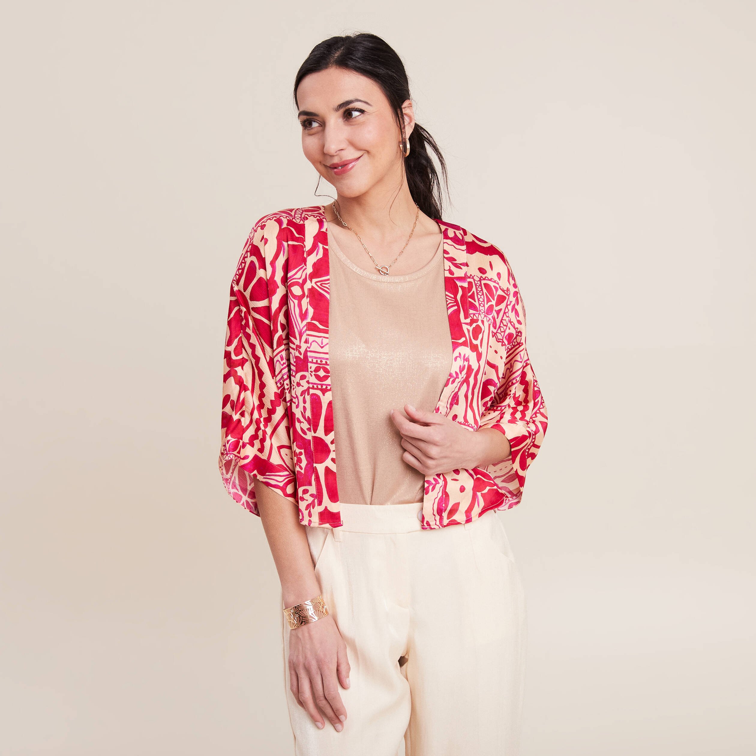 kimono imprime rose fushia femme Kimono imprimé rose fushia femme