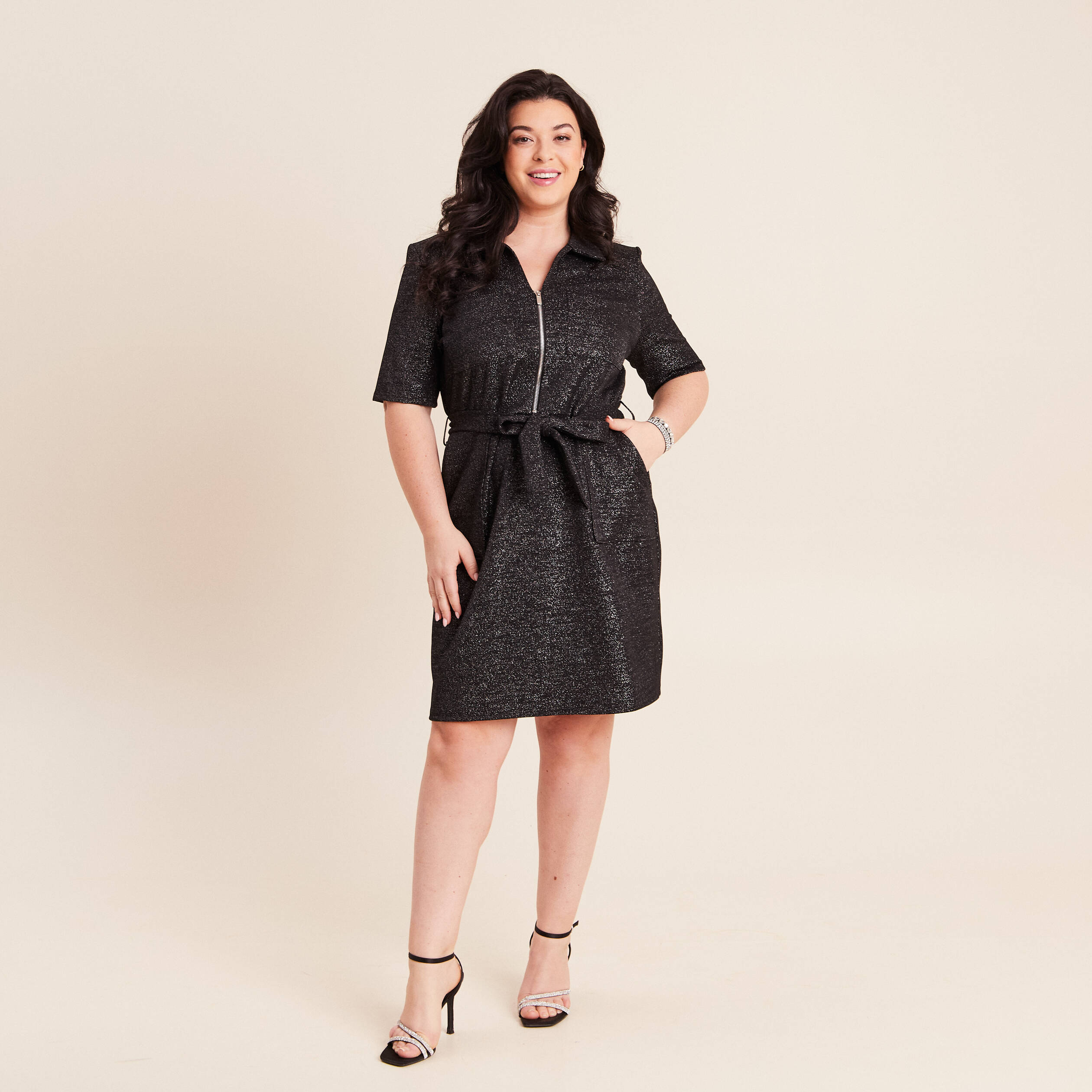 Robe &agrave; paillettes avec ceinture int&eacute;gr&eacute;e noir femme
