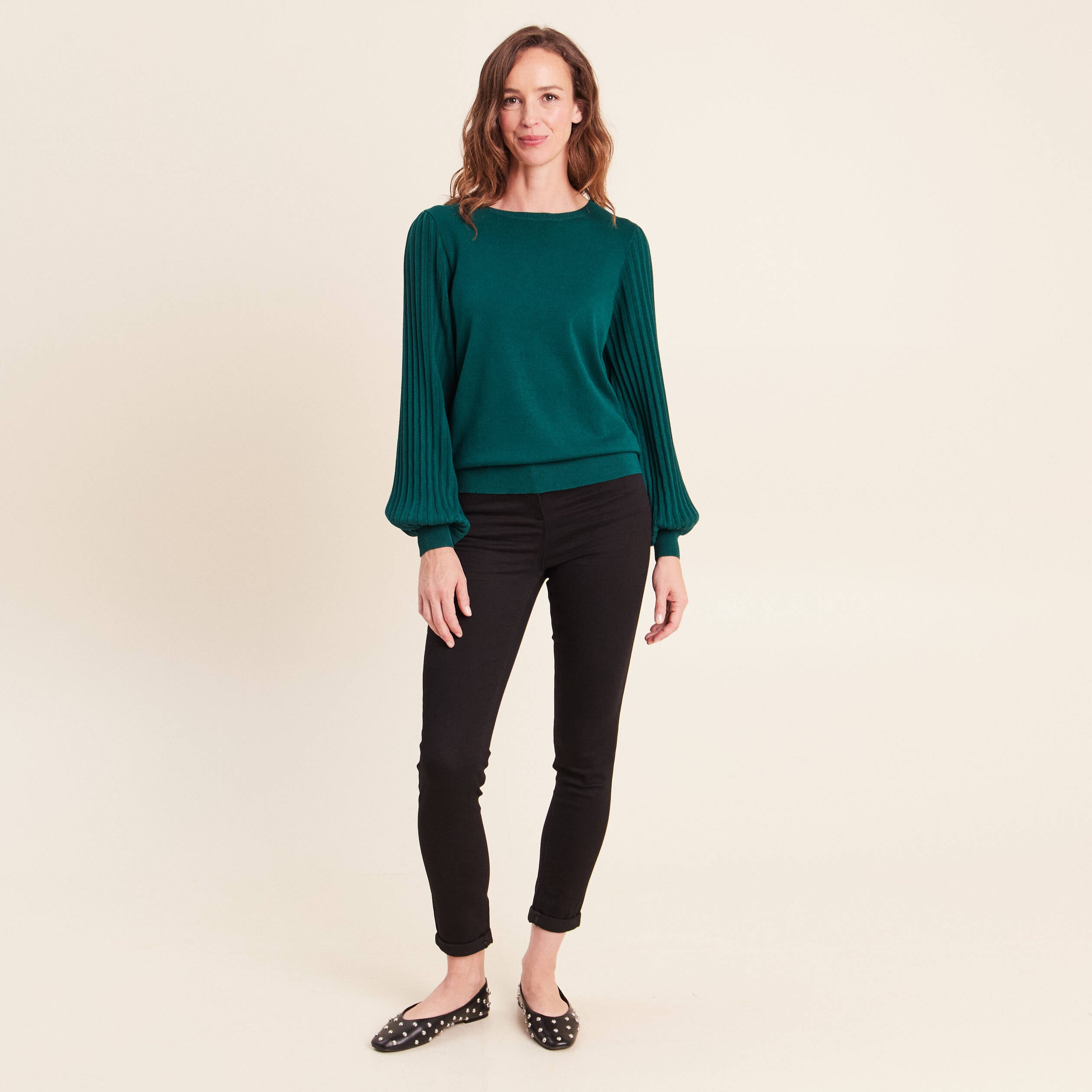 Pull cintr&eacute; col rond manches longues vert fonc&eacute; femme