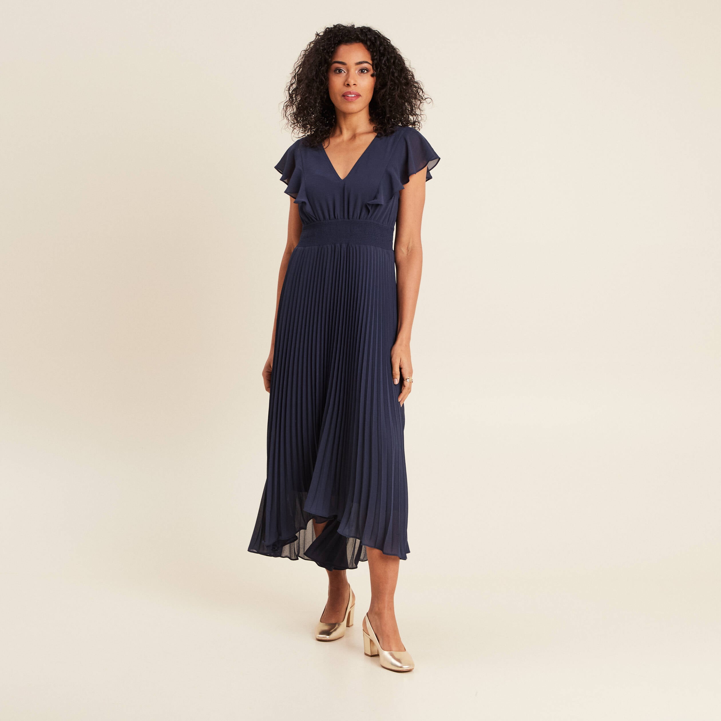 Robe longue &eacute;vas&eacute;e &agrave; volants bleu marine femme