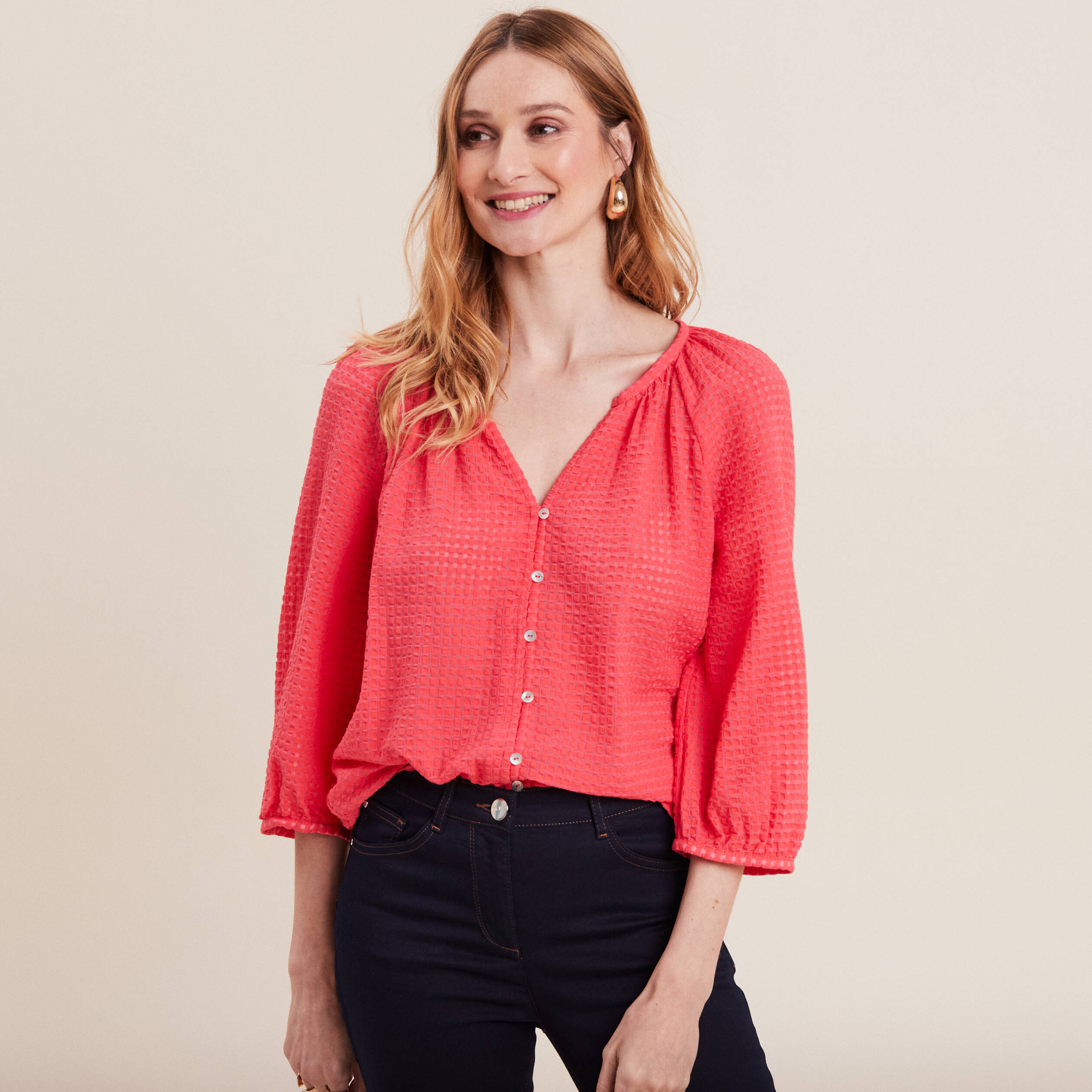 blouse manches 34 rose cerise femme Blouse manches 3/4 rose cerise femme