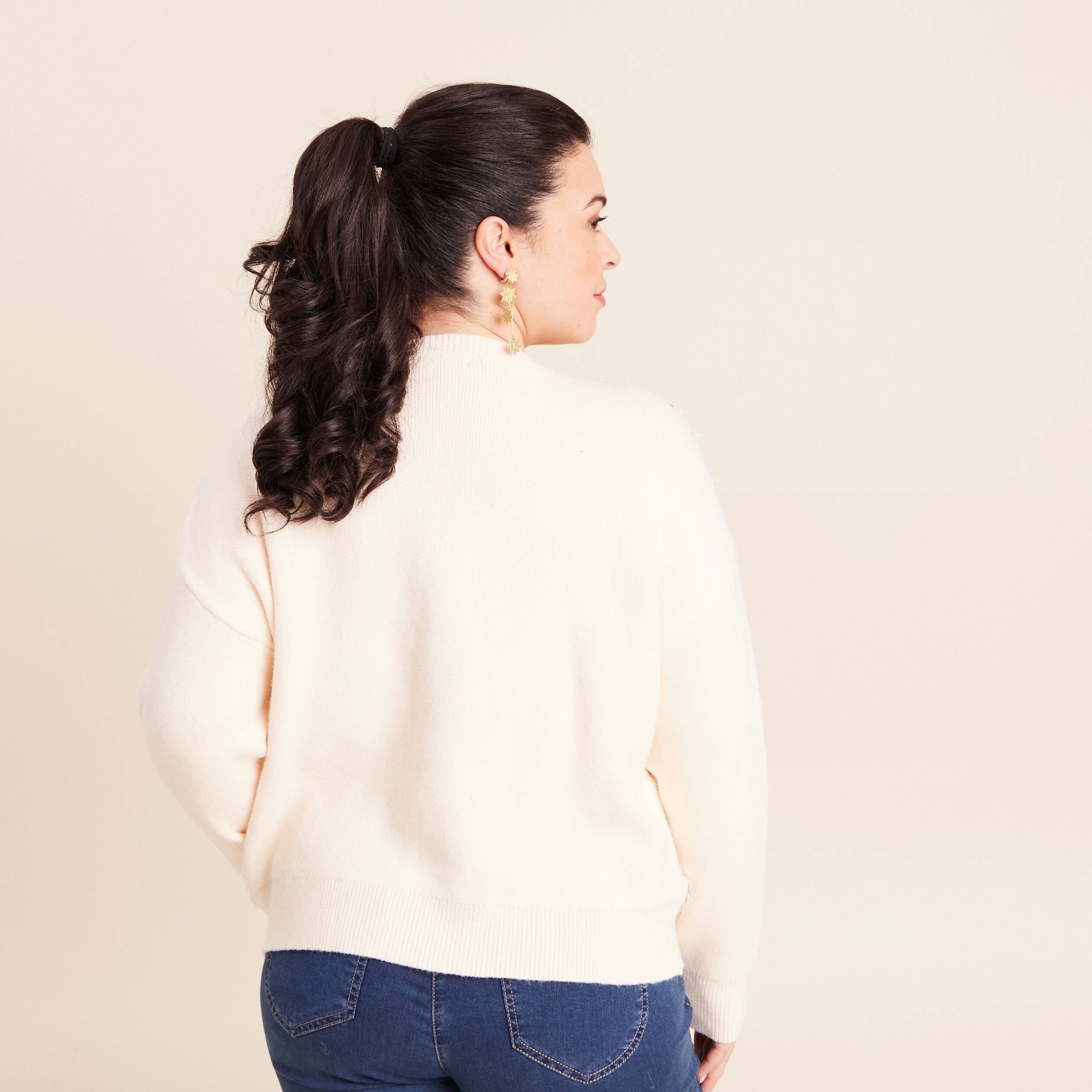 Pull col rond manches longues doubl&eacute; ecru femme