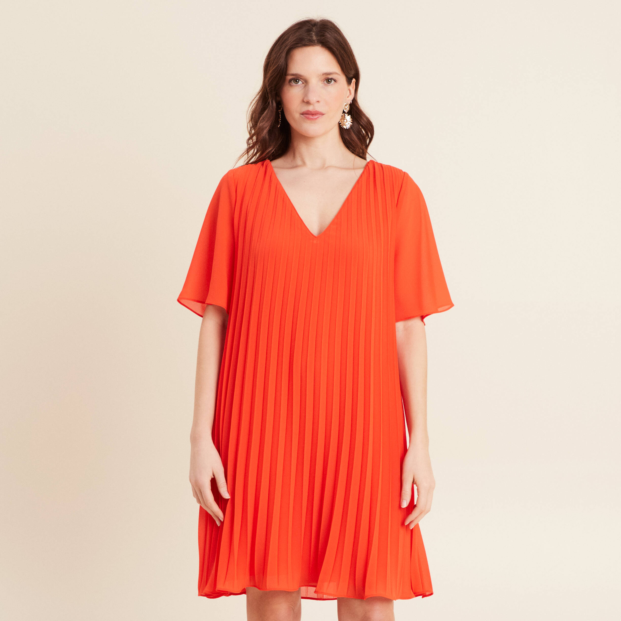 robe droite plissee orange fonce femme Robe droite plissée orange foncé femme