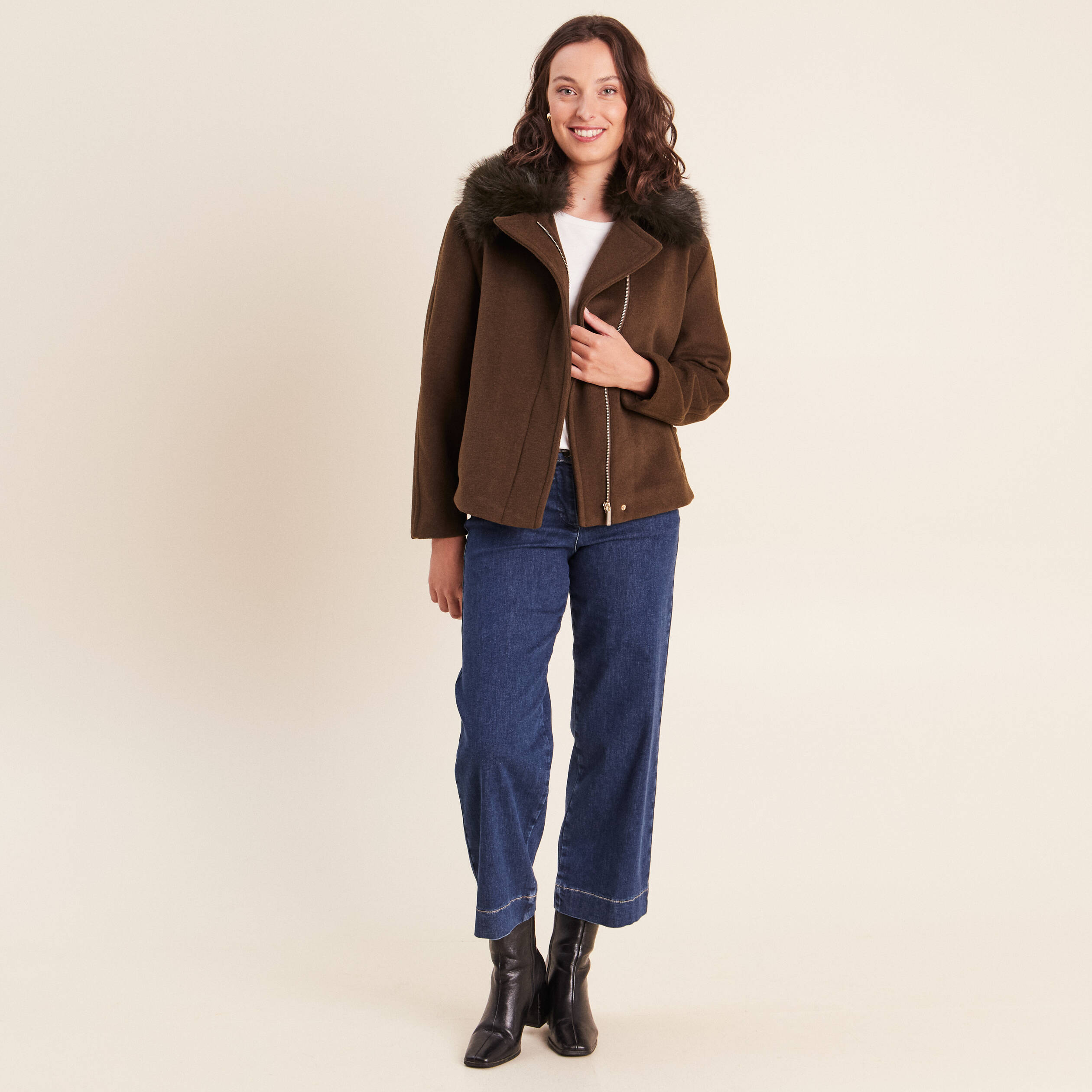 Manteau manches longues col fourrure vert kaki femme