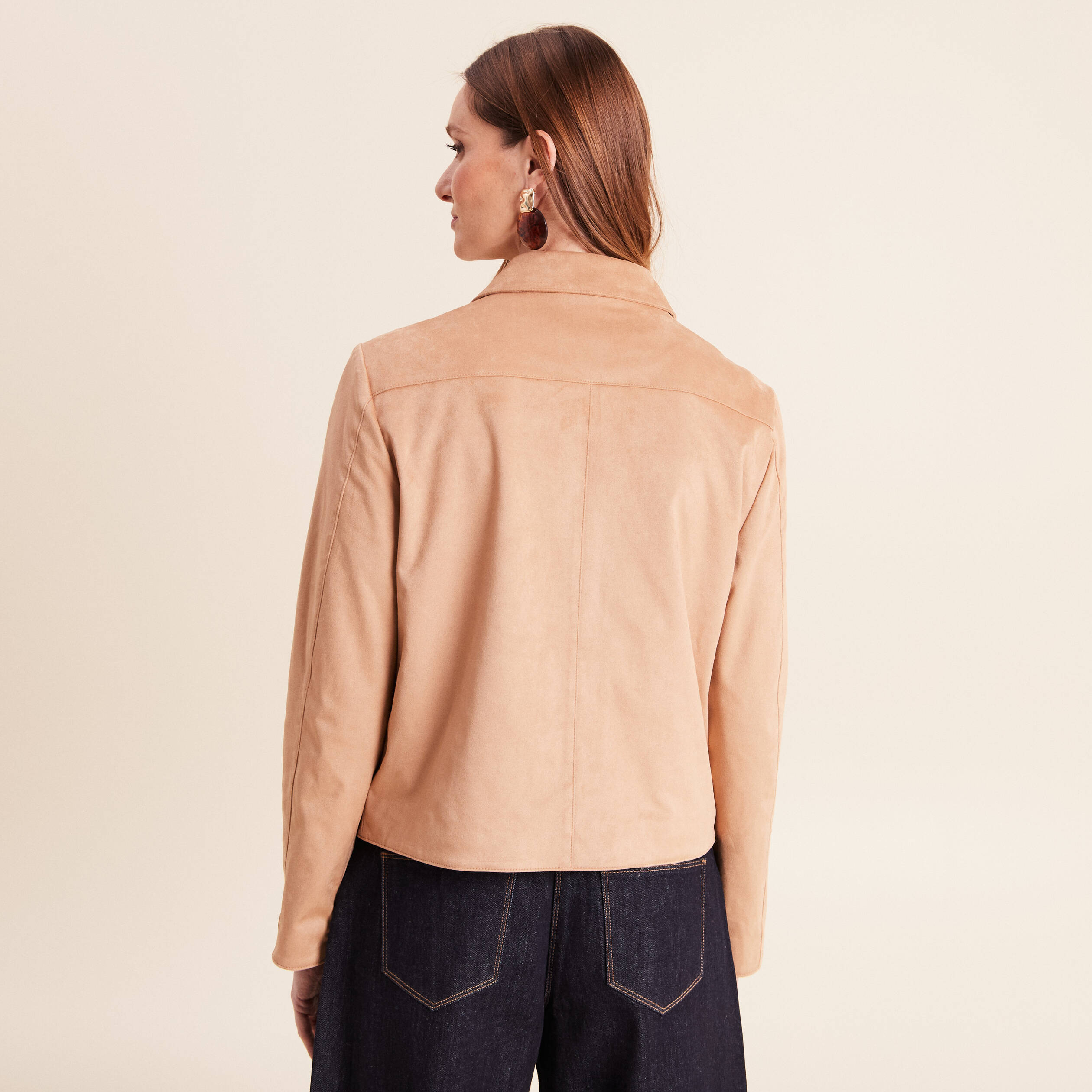 Veste courte droite aspect daim marron clair femme