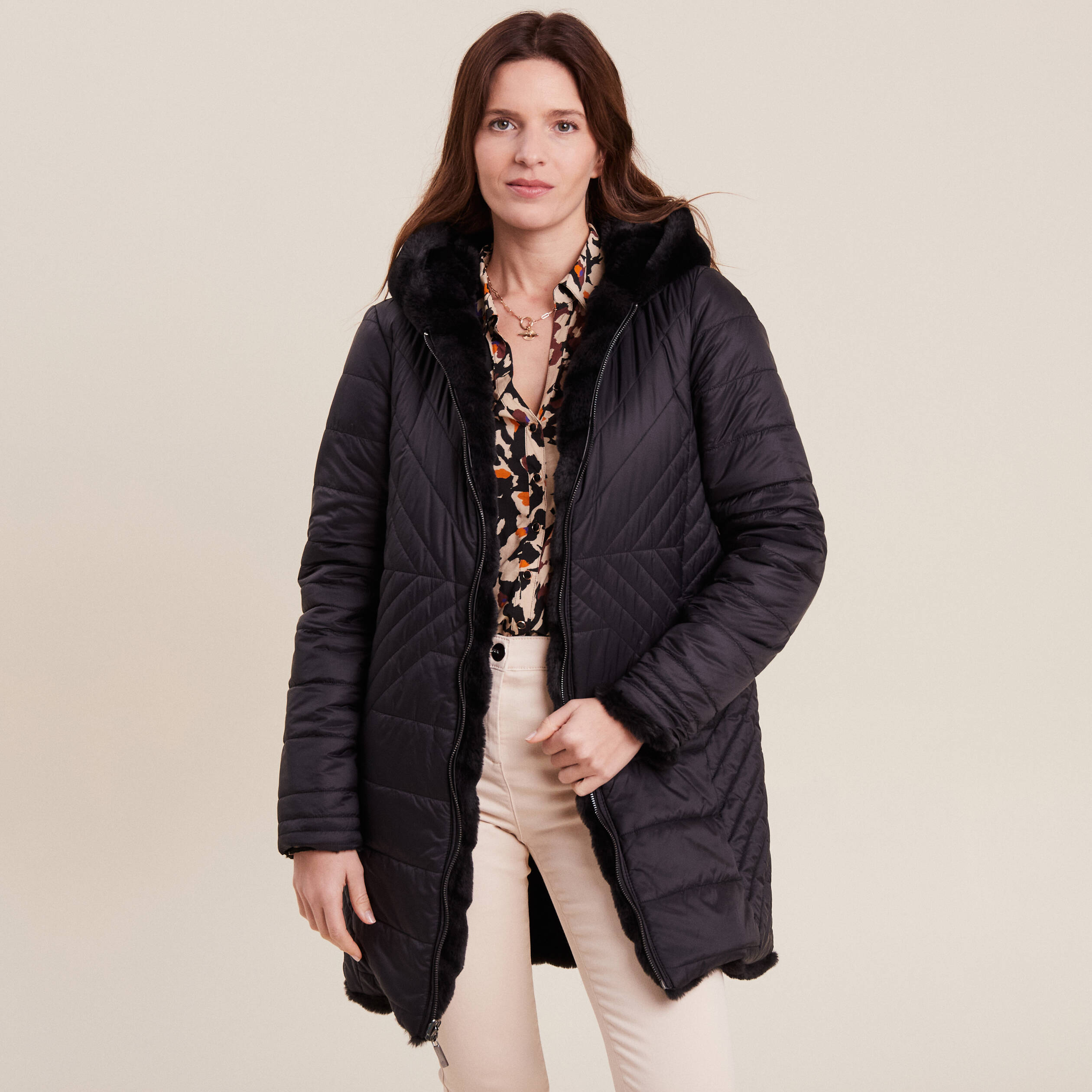Manteau fausse fourrure réversible noir femme