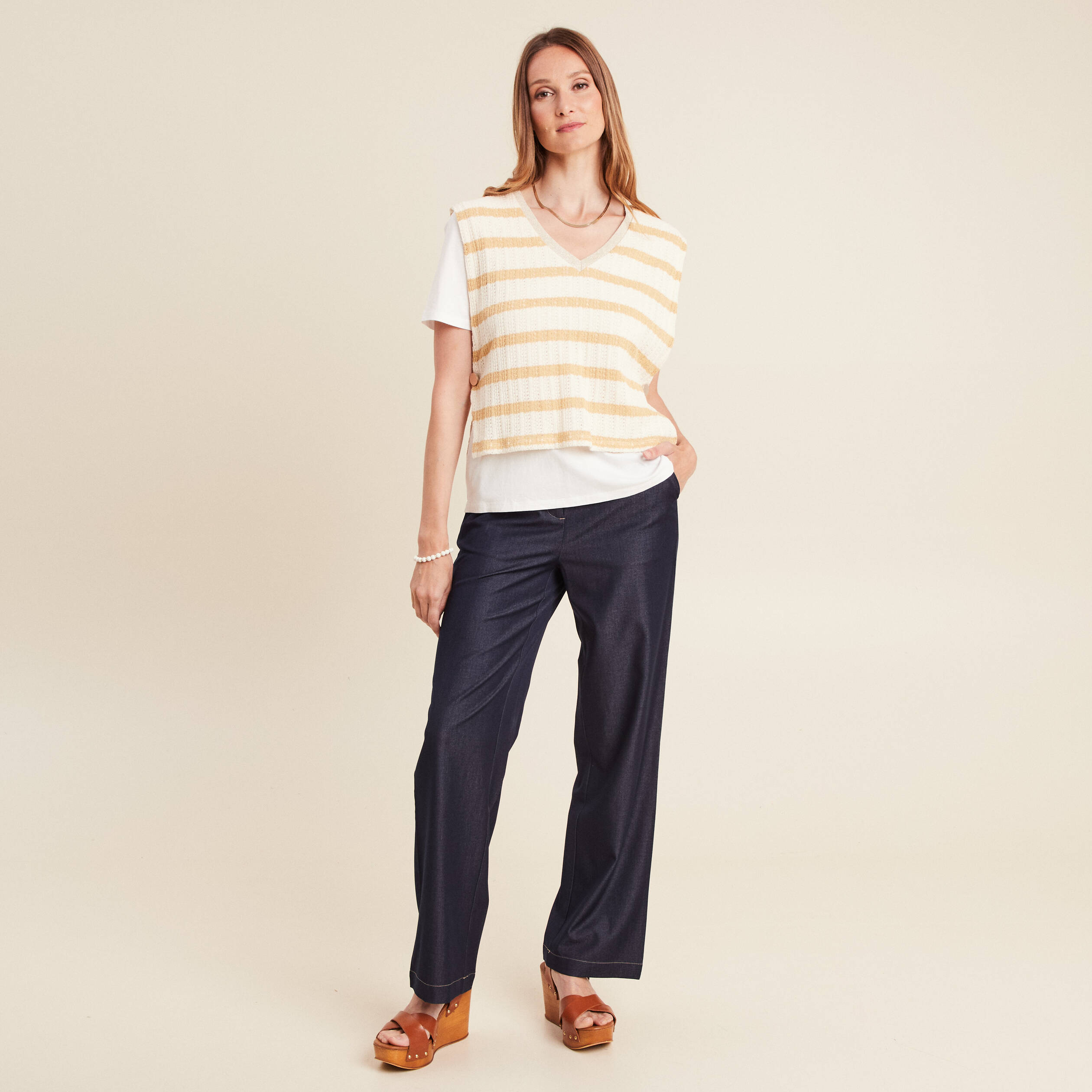 T-shirt effet 2 en 1 manches courtes beige femme