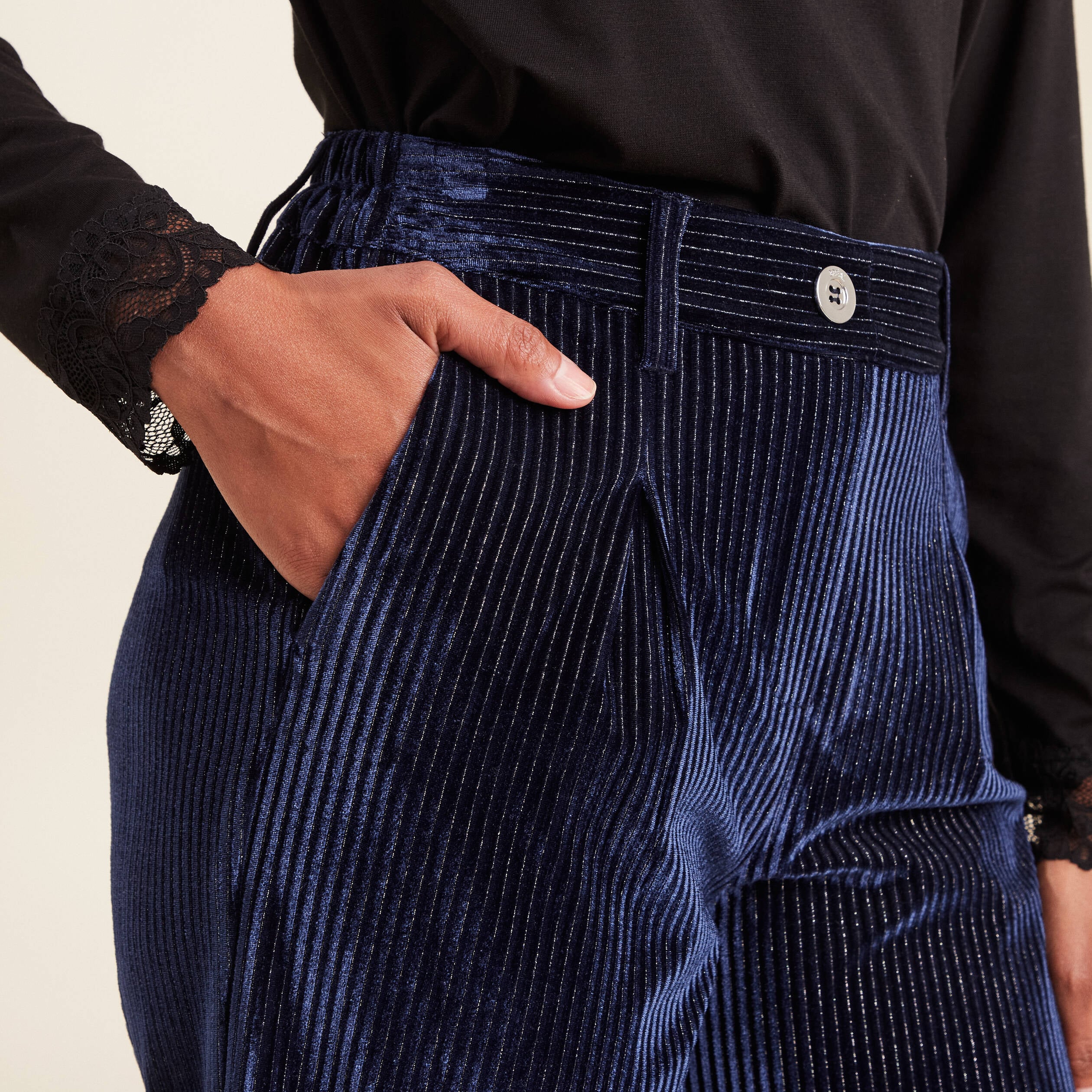 Pantalon large velours bleu fonc&eacute; femme