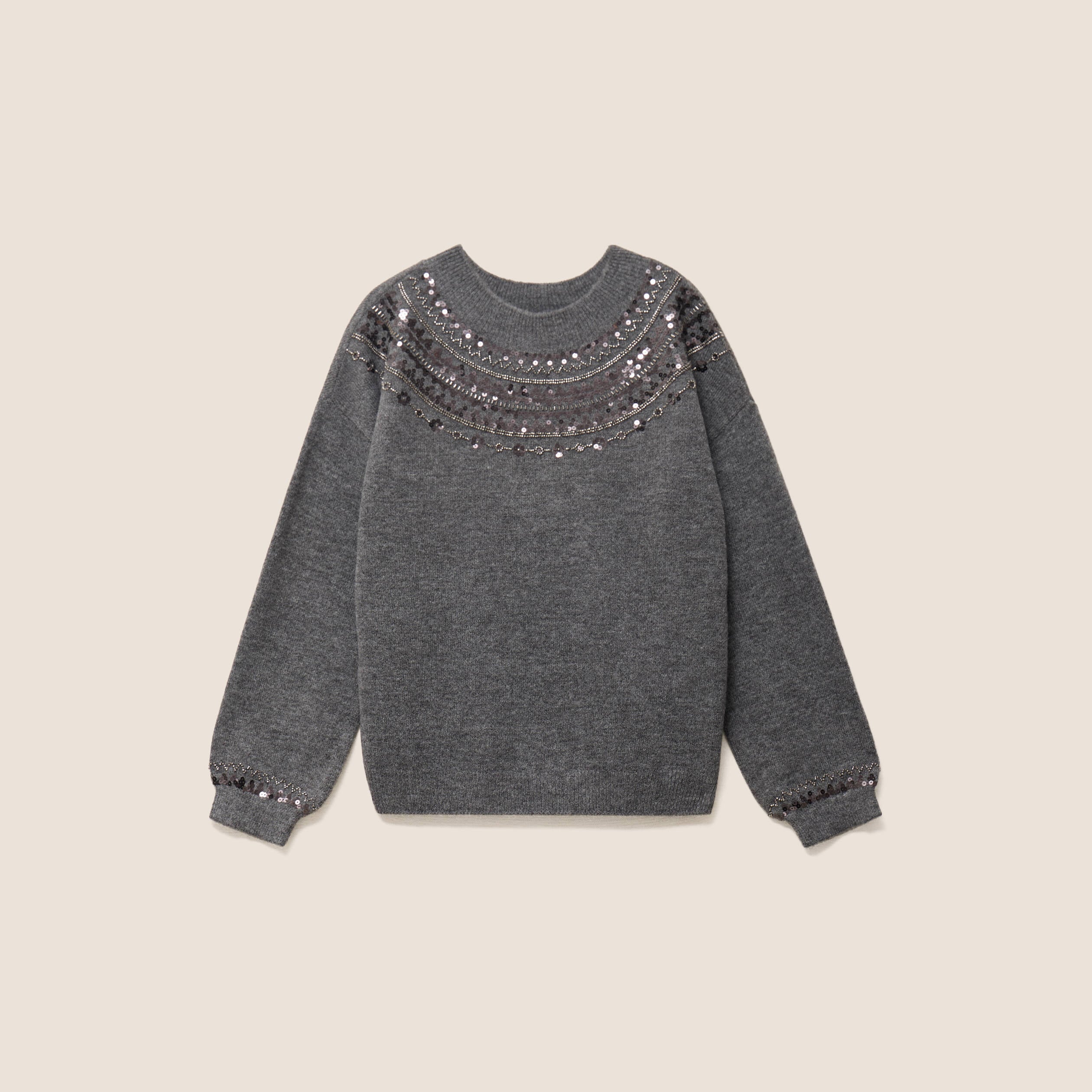 Pull col rond &agrave; sequins gris fonc&eacute; femme
