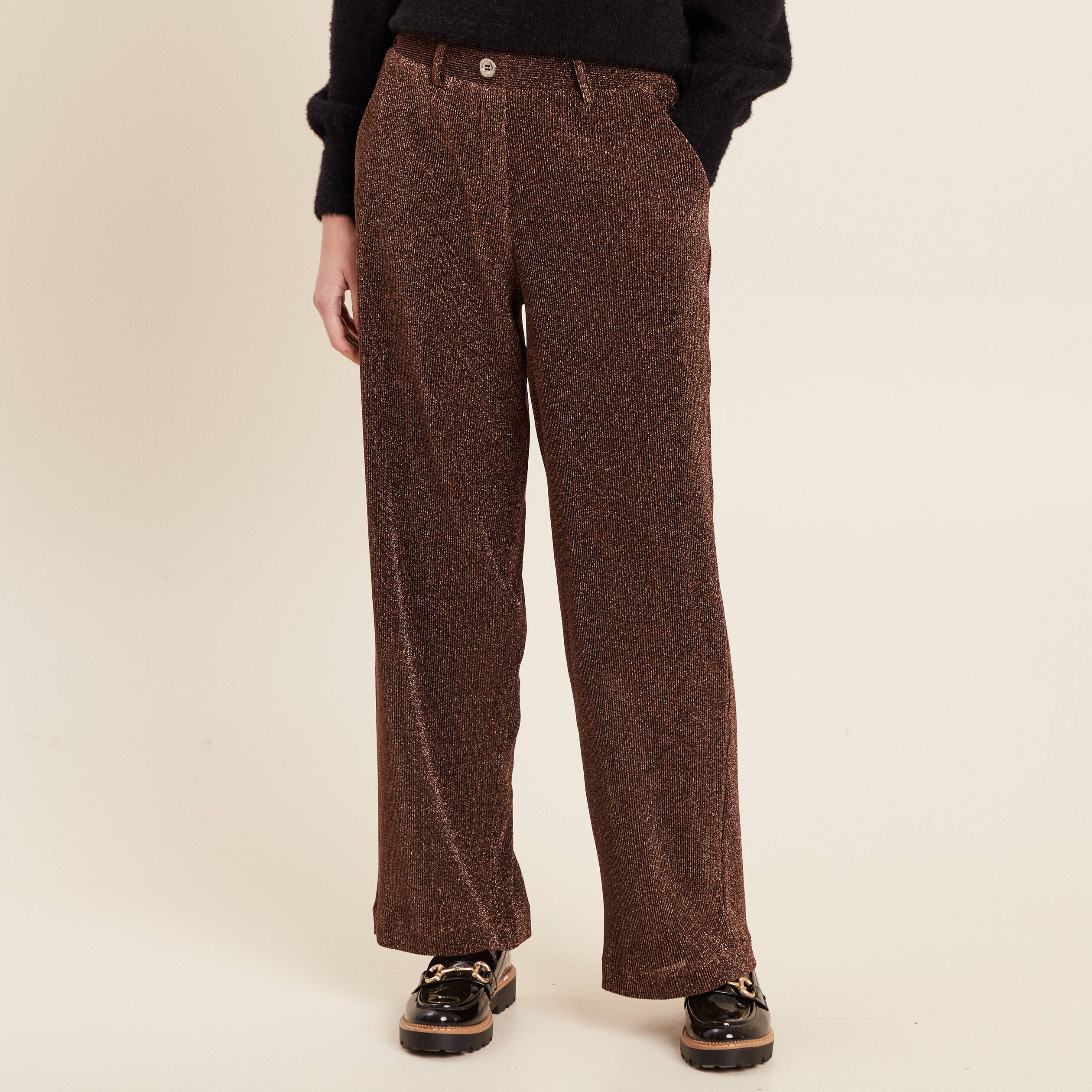 pantalon flou effet tricote couleur cuivre femme Pantalon flou effet tricoté couleur cuivre femme