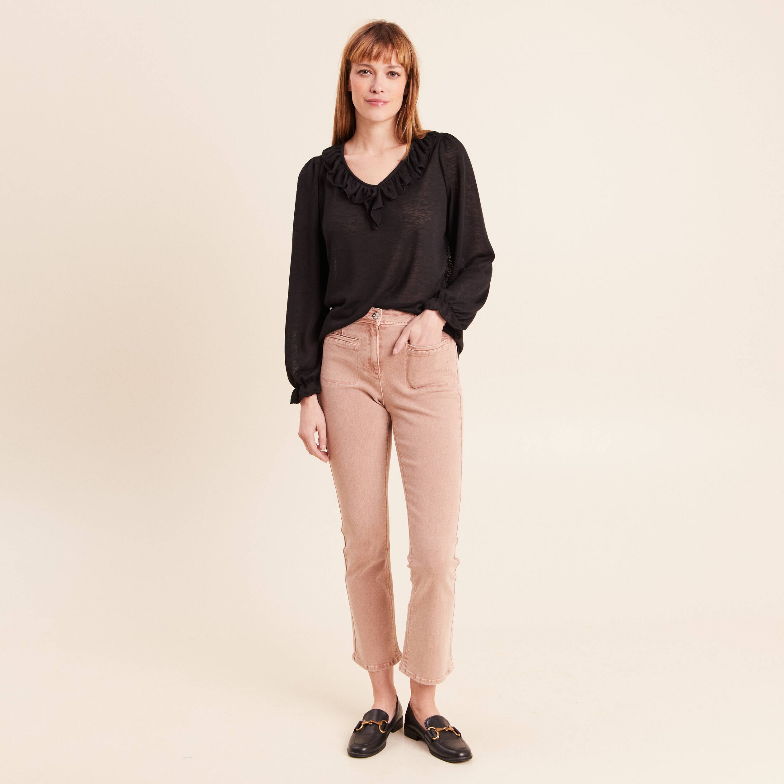 Blouse col v manches longues noir femme