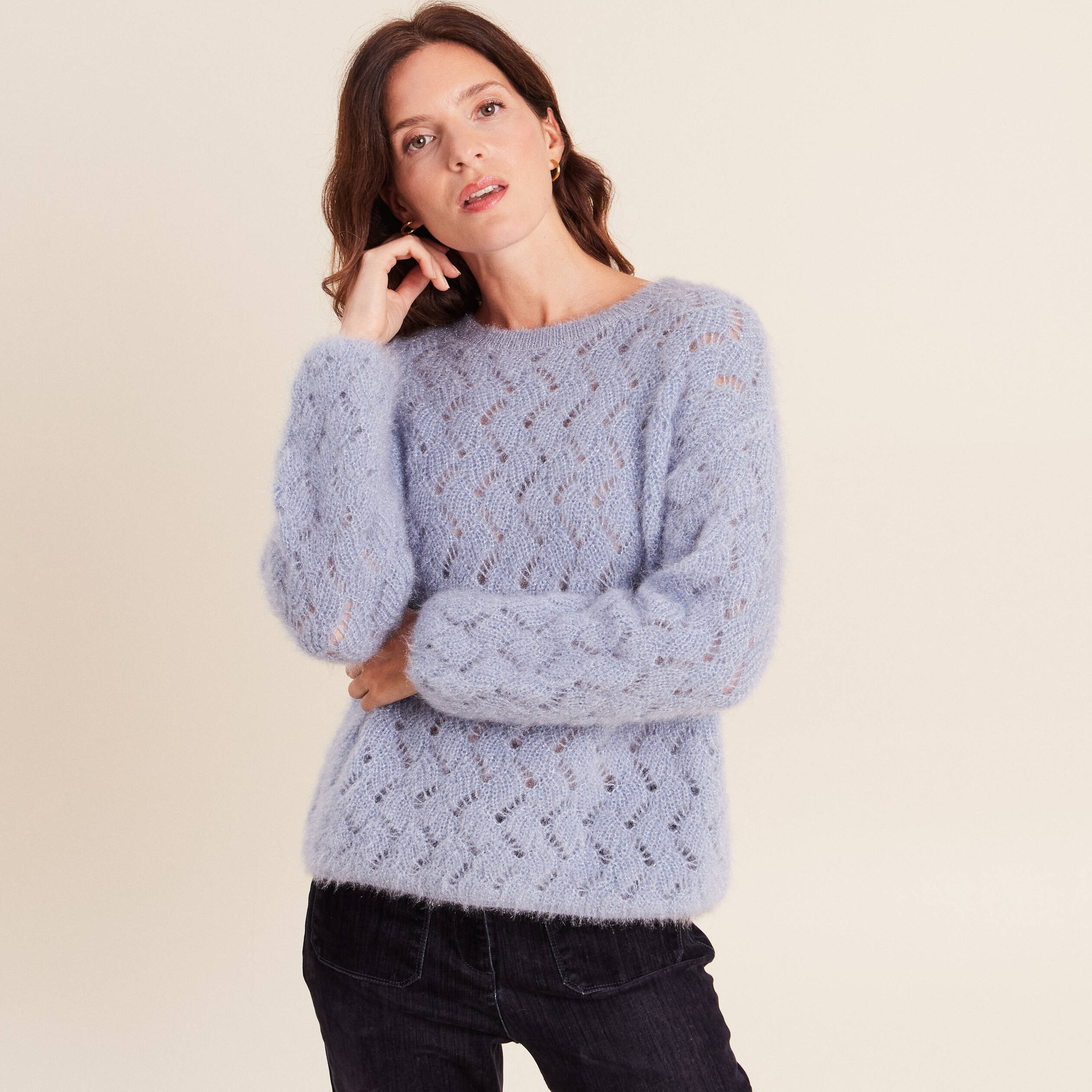 Pull manches longues ajour&eacute; denim snow gris femme