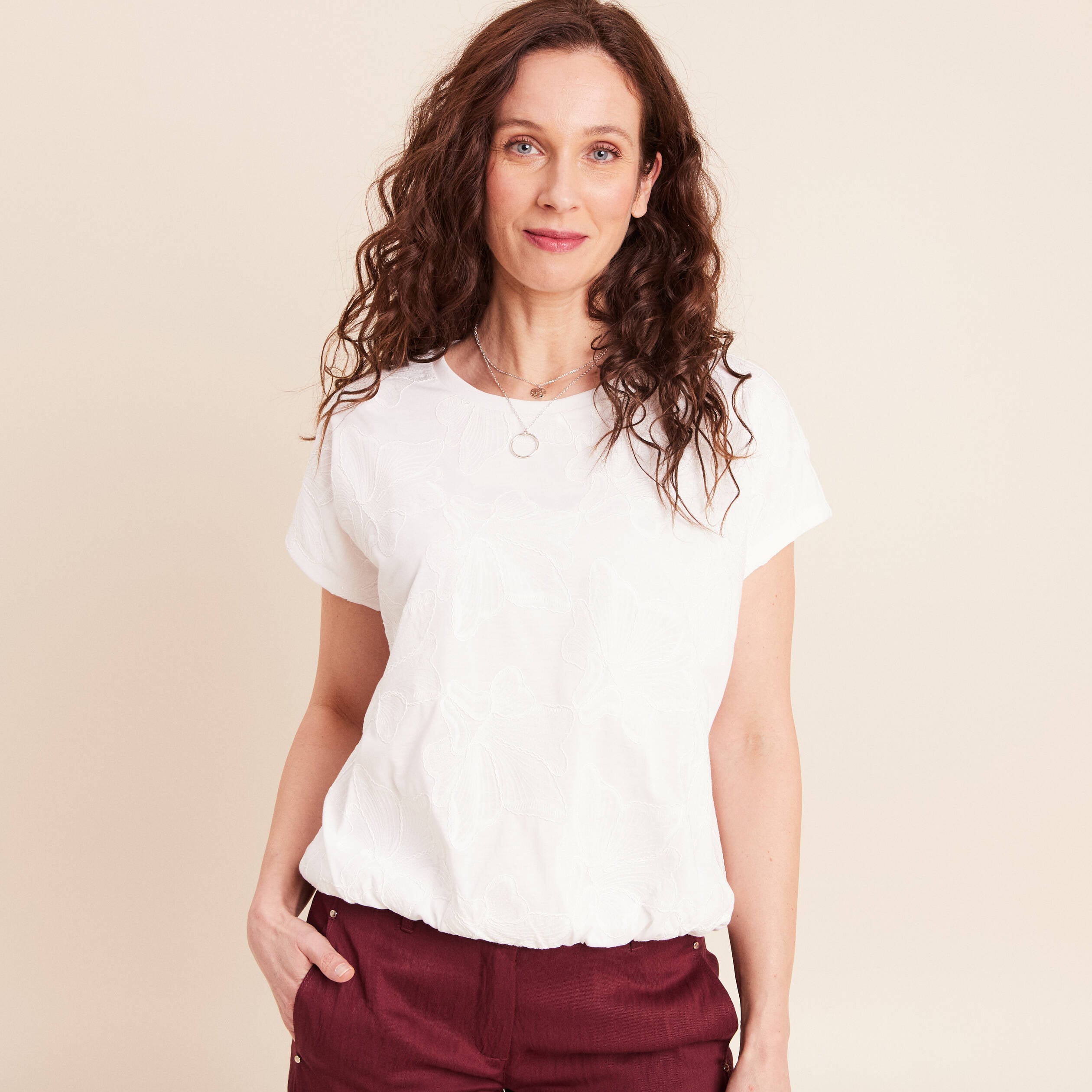 T-shirt col rond manches courtes doubl&eacute;e ecru femme