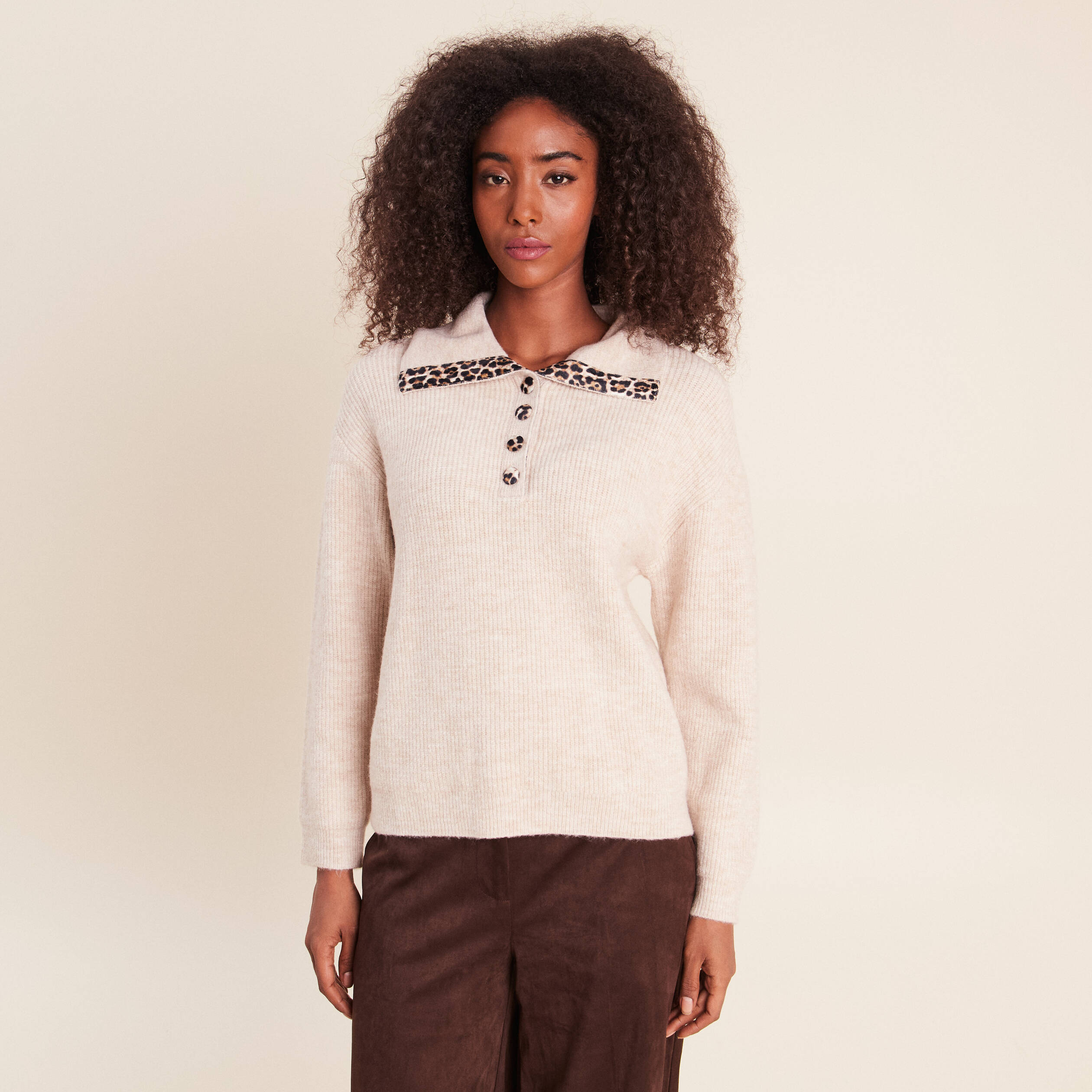 Pull droit manches longues beige femme