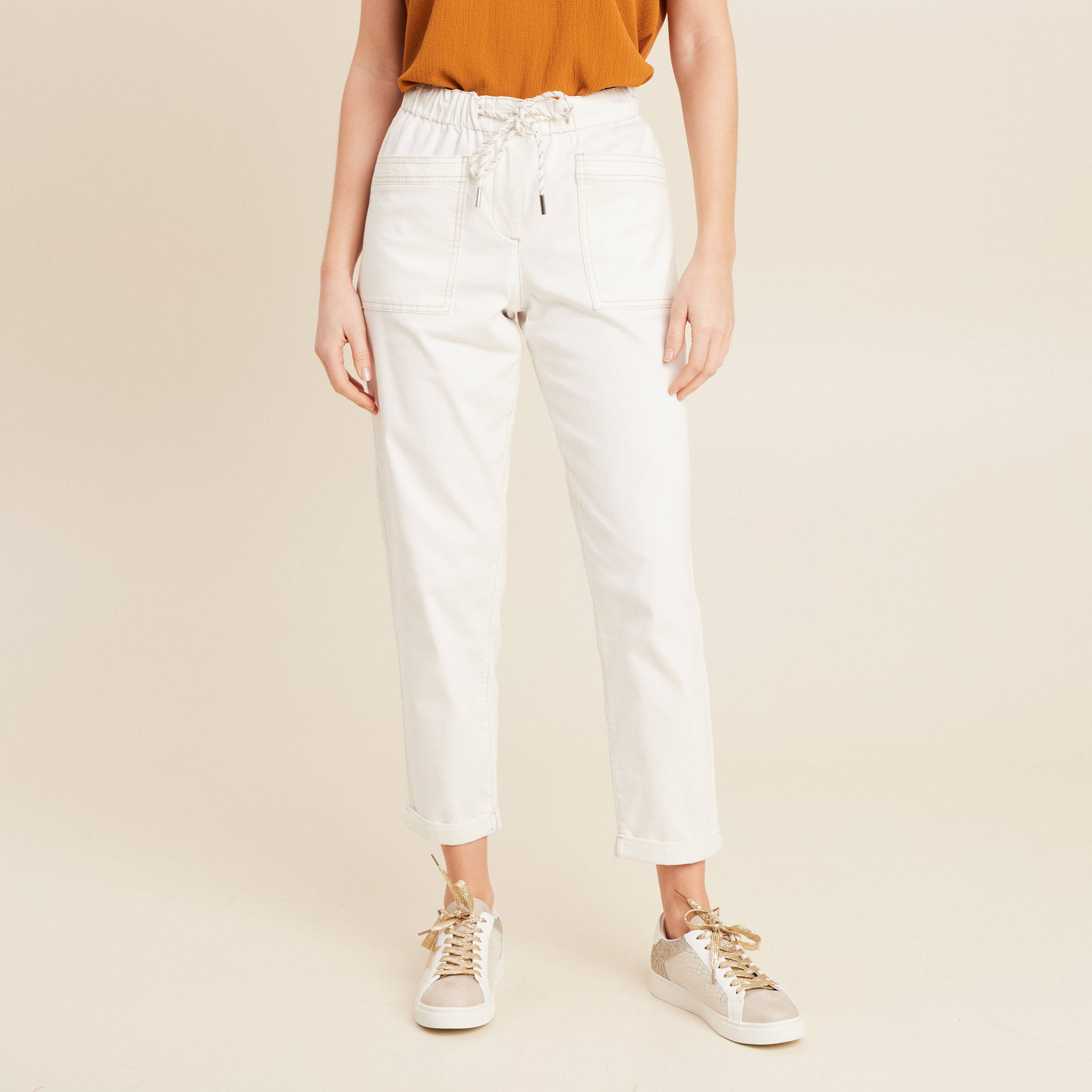 pantalon coupe droite a coulisse blanc femme Pantalon coupe droite à coulisse blanc femme