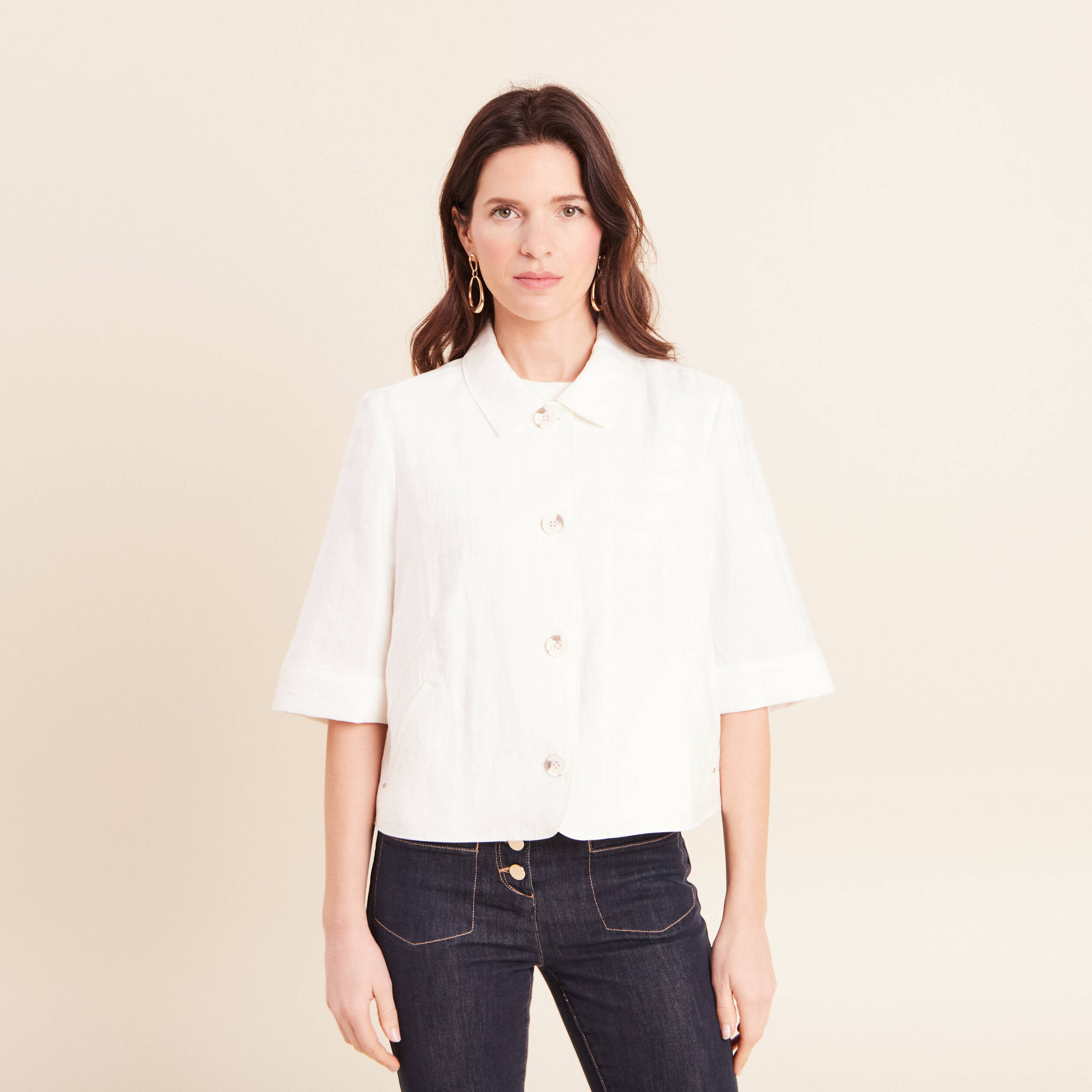 Veste droite courte manches 3/4 ecru femme