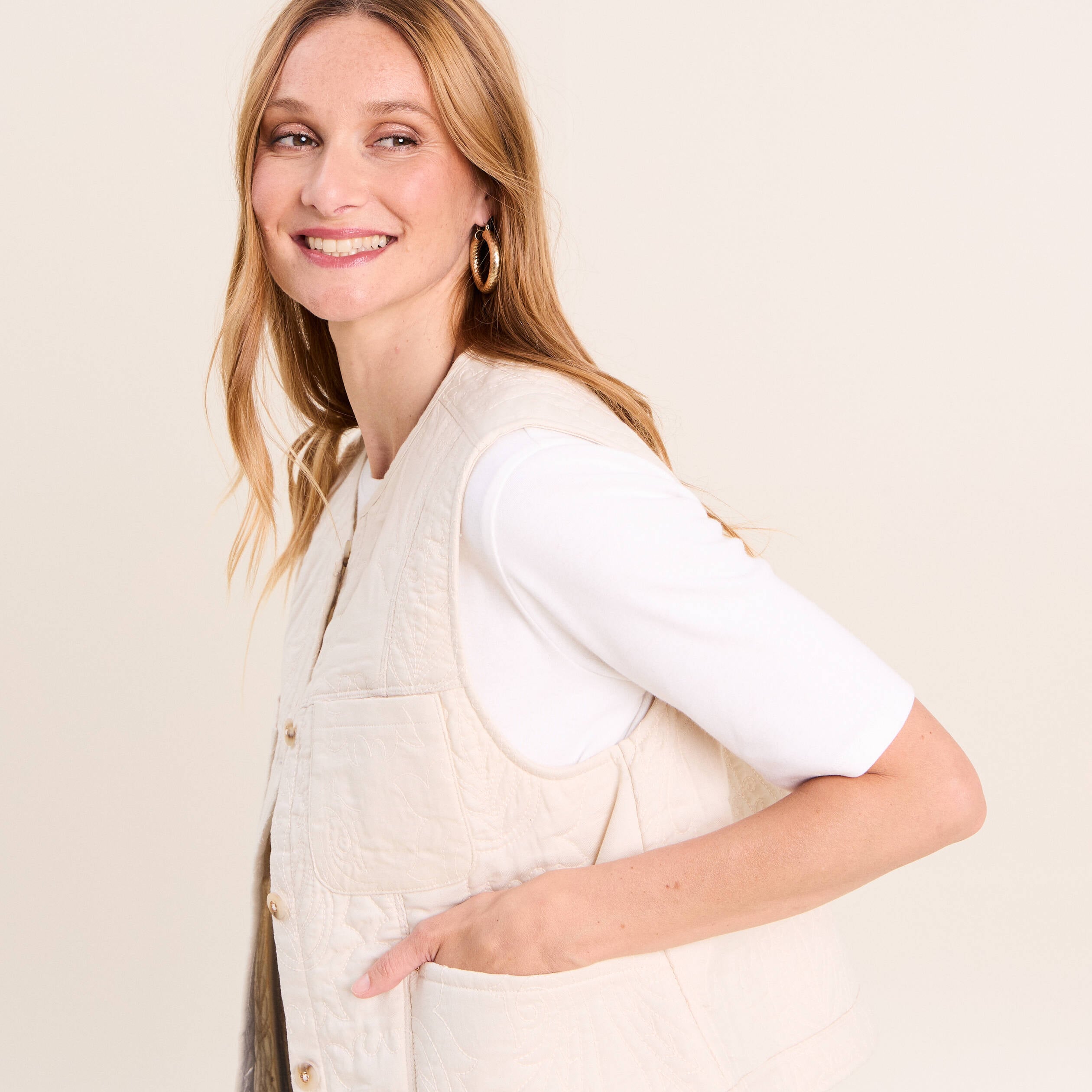Gilet sans manches doubl&eacute; coton ecru femme