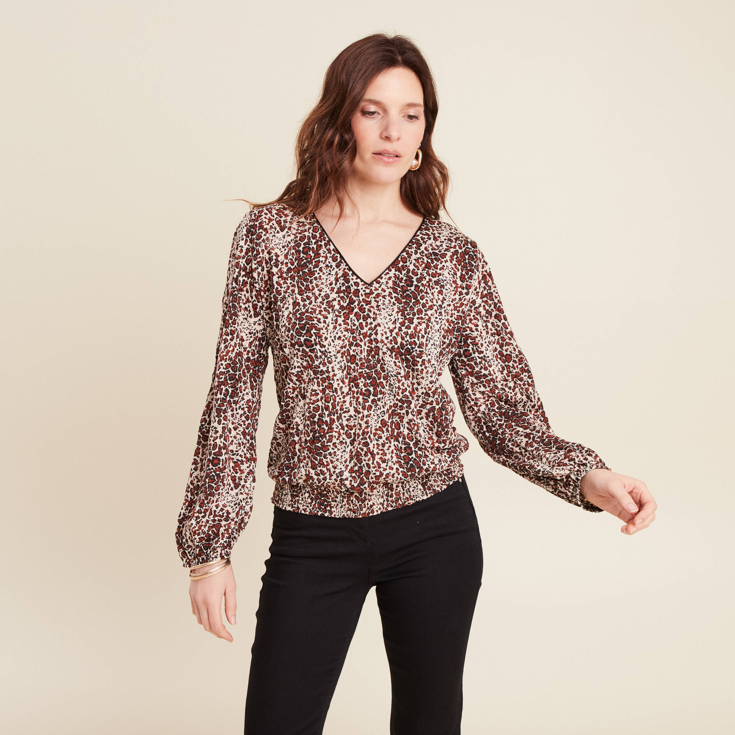 blouse droite manches longues marron cognac femme Blouse droite manches longues marron cognac femme