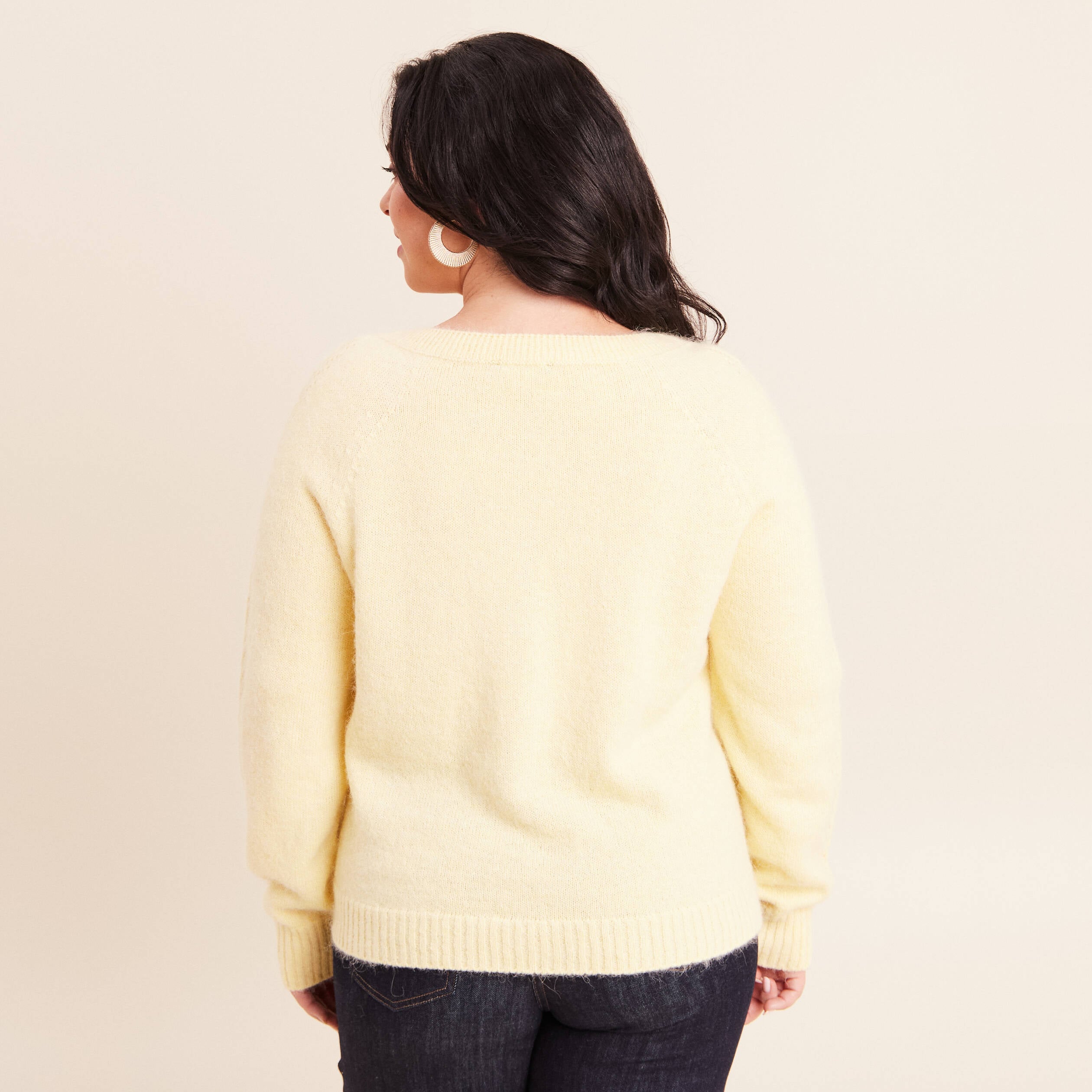 Gilet manches longues col rond jaune pastel femme