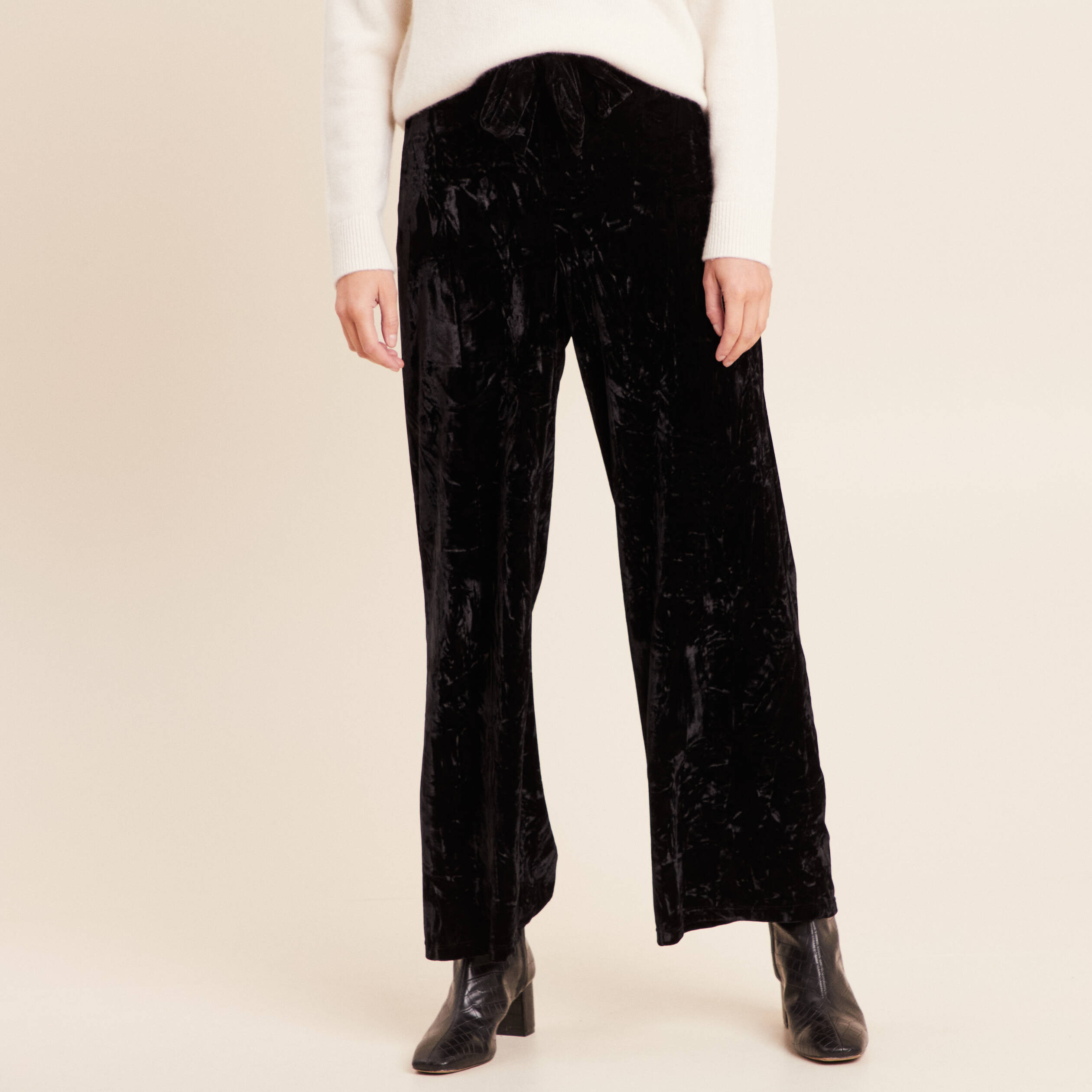 Pantalon large taille haute velours noir femme