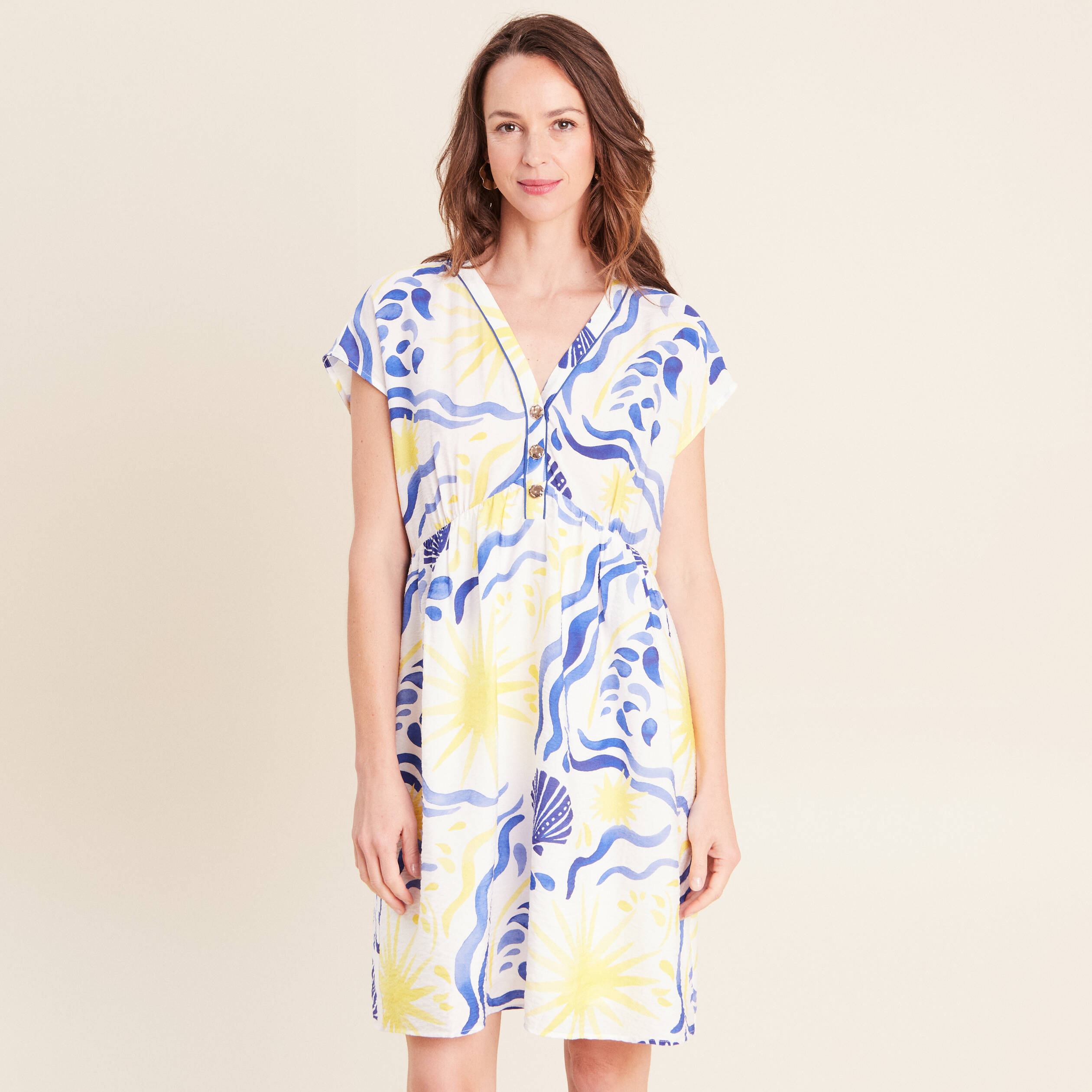 Robe courte &eacute;vas&eacute;e col v manches courtes bleu femme