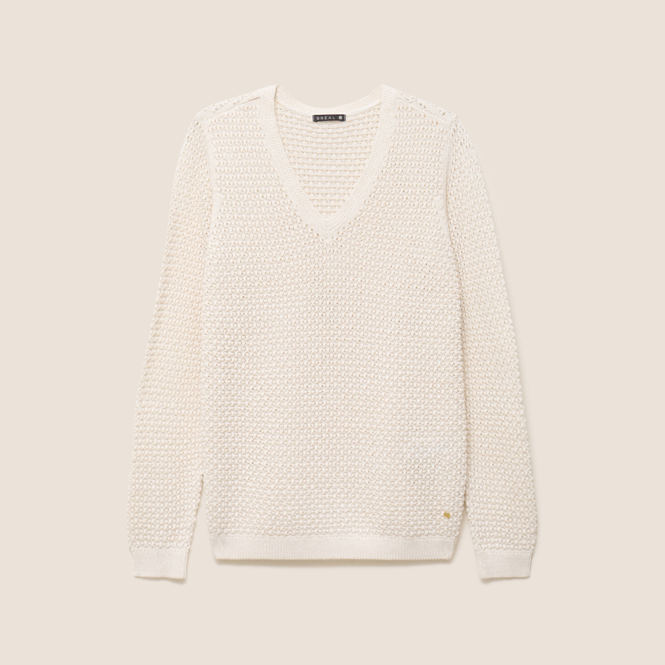 Pull manches longues col en V ecru femme