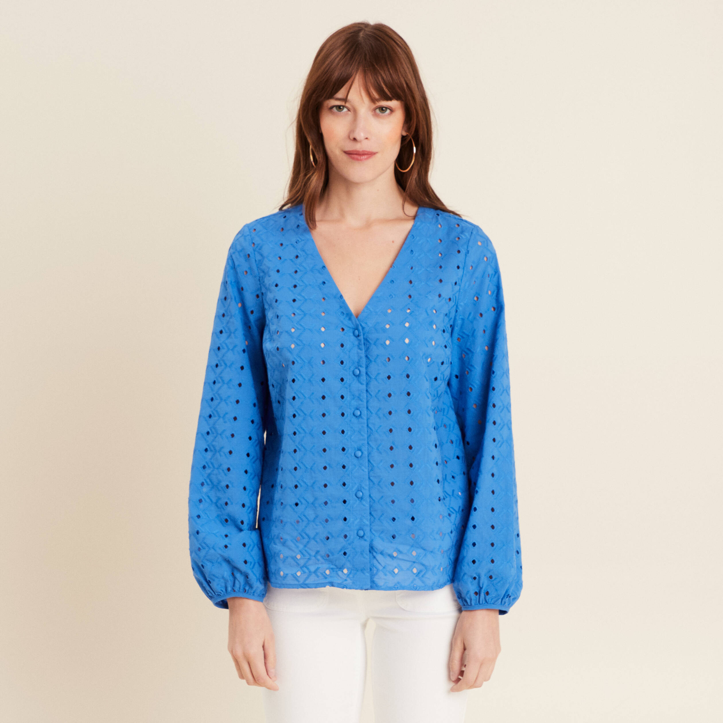 chemise manches 34 brodee bleu femme Chemise manches 3/4 brodée bleu femme